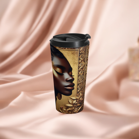 Golden Afro Woman Stainless Steel Travel Mug | Afrocentric Art, Floral Accents