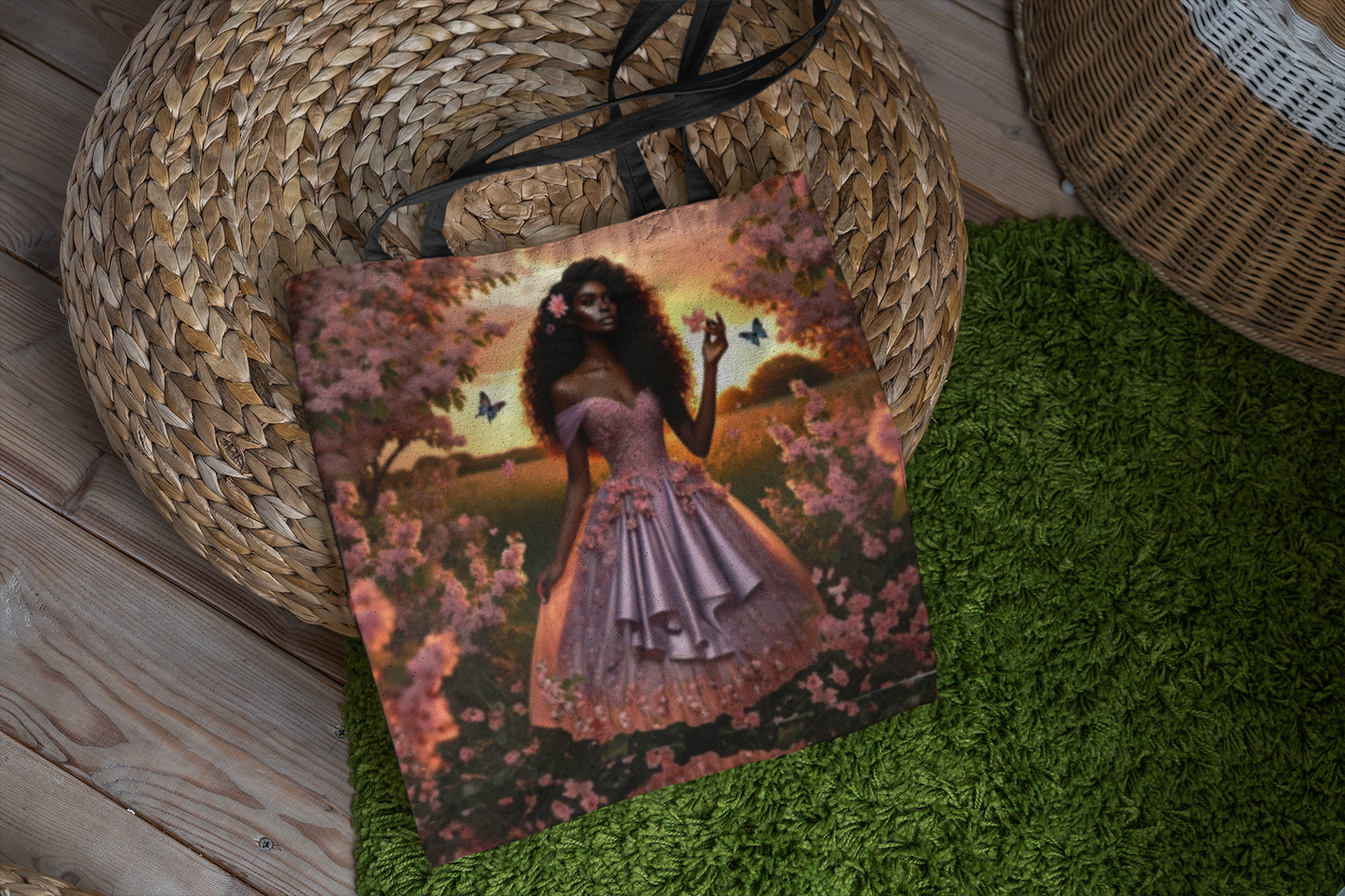 Afro Princess in Lavender Gown Tote Bag | Floral Sunset Butterfly Art