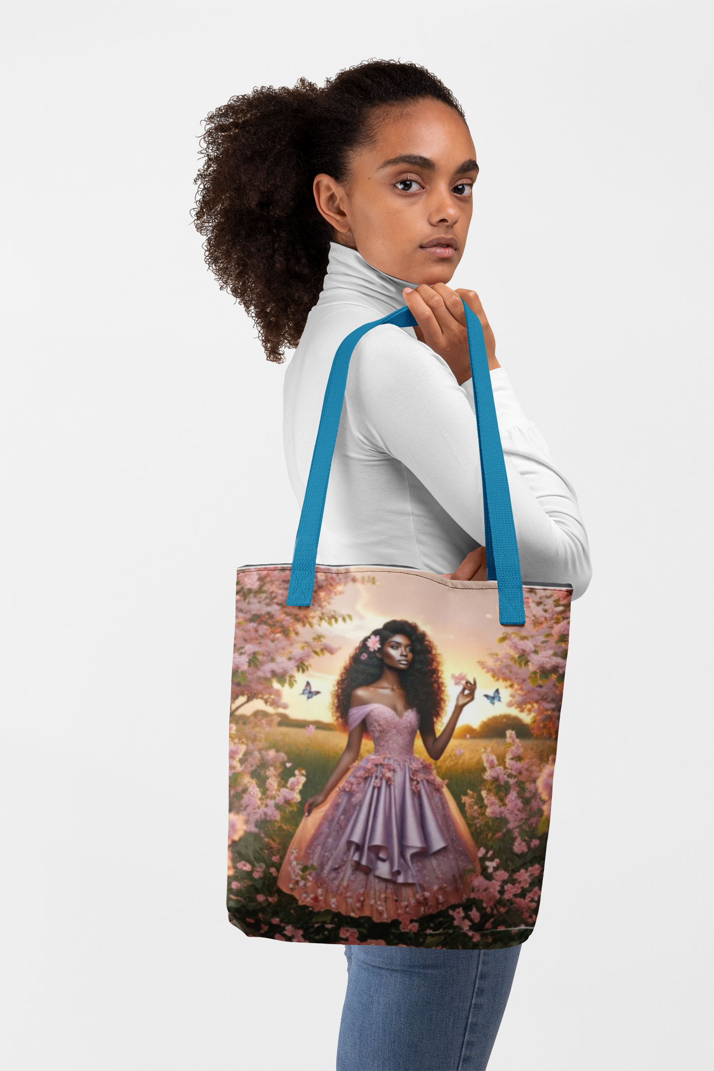 Afro Princess in Lavender Gown Tote Bag | Floral Sunset Butterfly Art