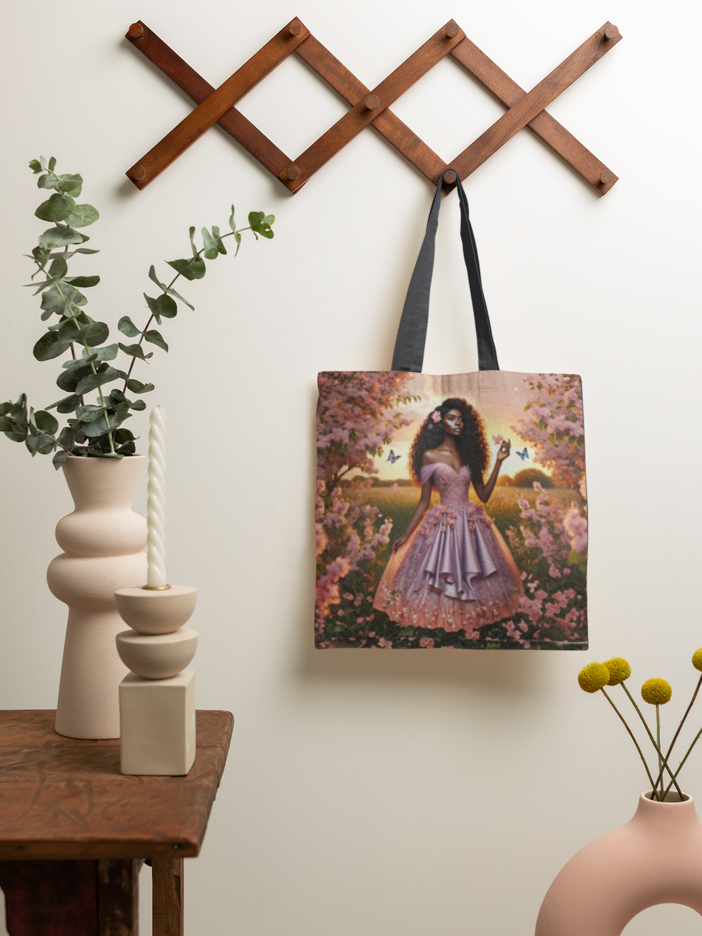 Afro Princess in Lavender Gown Tote Bag | Floral Sunset Butterfly Art