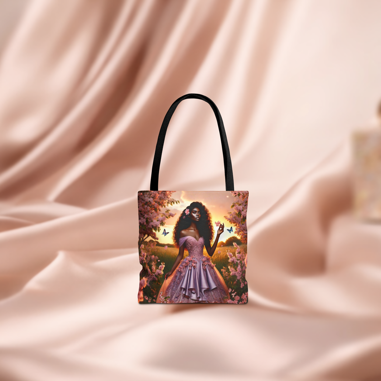 Afro Princess in Lavender Gown Tote Bag | Floral Sunset Butterfly Art