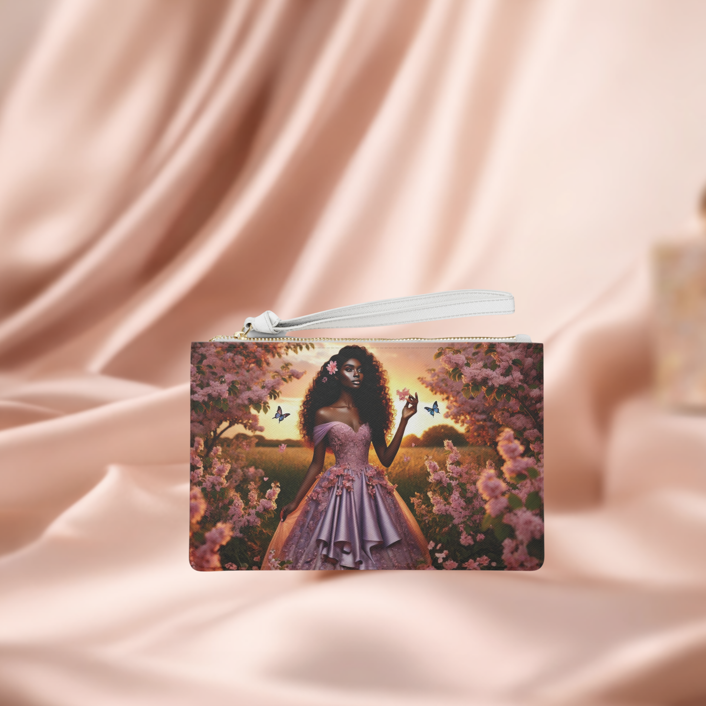 Black Princess in Pink Gown Clutch Bag | Floral Sunset, Butterfly Art