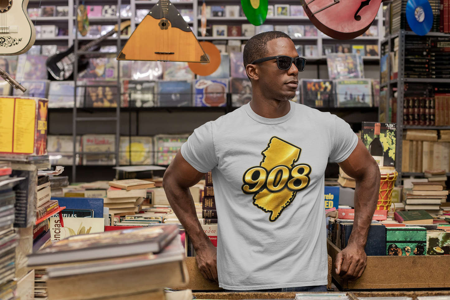 908 New Jersey T-Shirt — Gold State Outline Graphic Tee