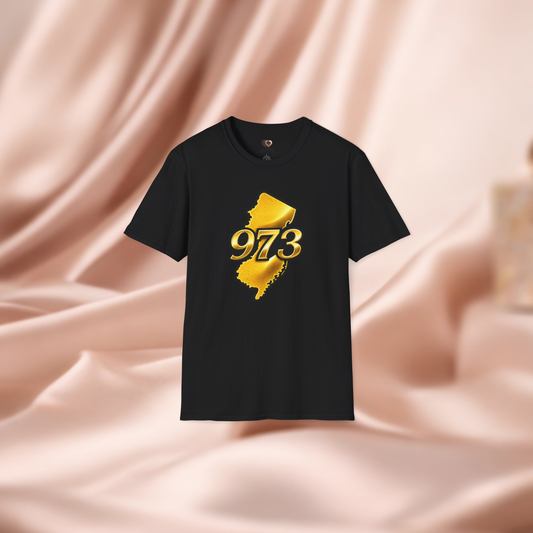 609 New Jersey T-Shirt — Gold State Outline Jersey Area Code Tee