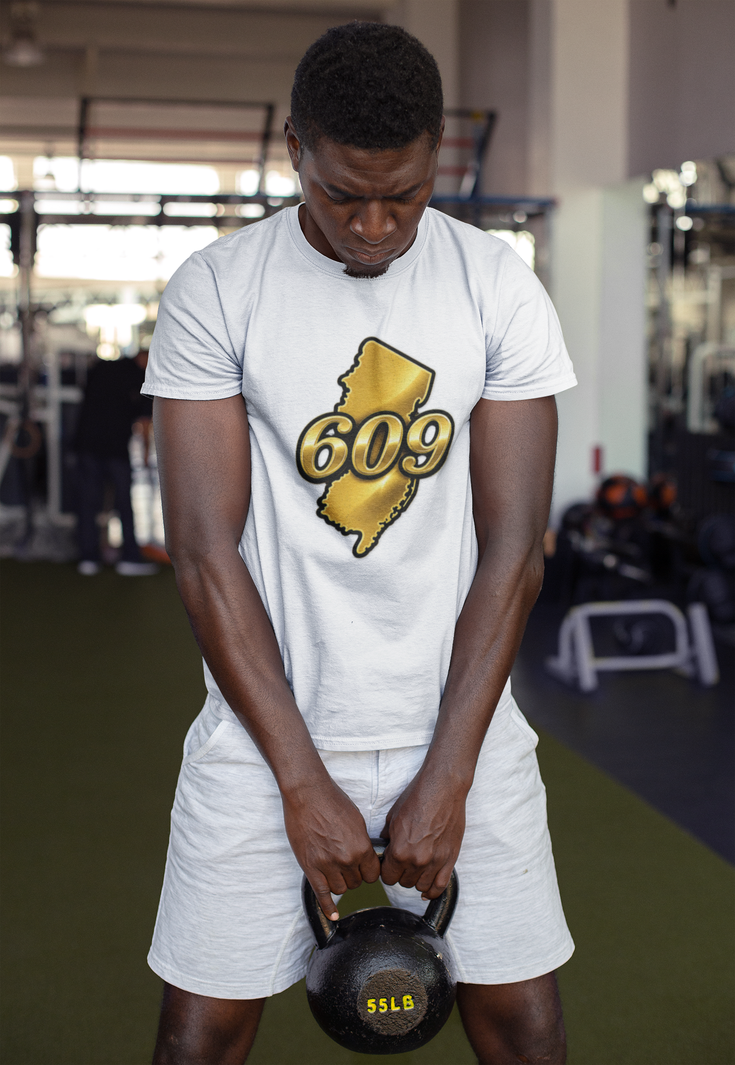 609 New Jersey T-Shirt — Gold State Outline Jersey Area Code Tee