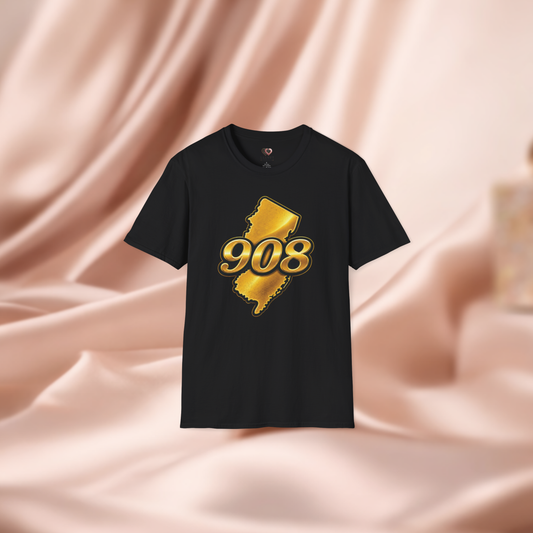 908 New Jersey T-Shirt — Gold State Outline Graphic Tee