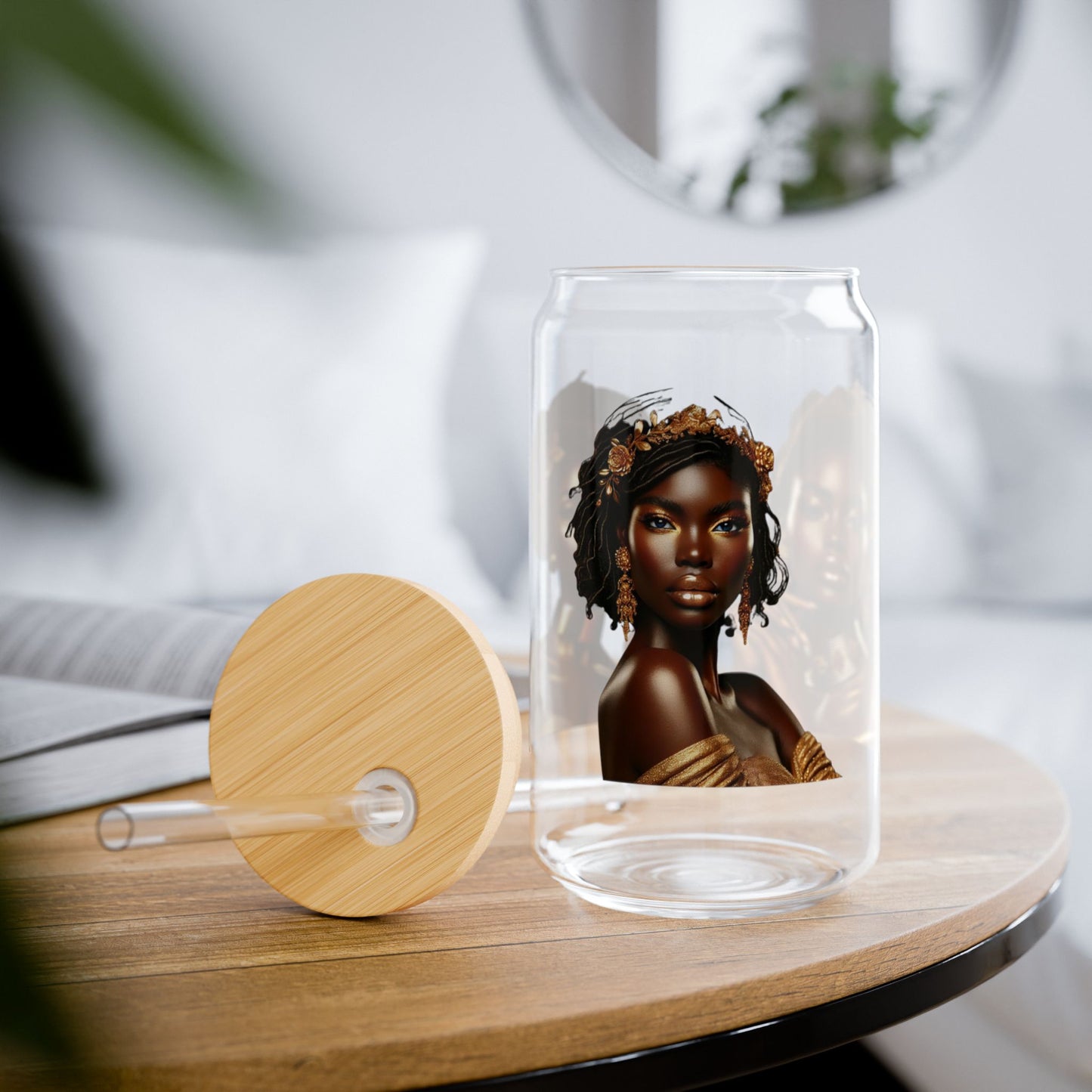 Elegant African Woman Sipper Glass, 16oz Drinkware, Stylish Water Bottle, Reusable Glass Jar, Unique Gift Idea, Ethnic Decor