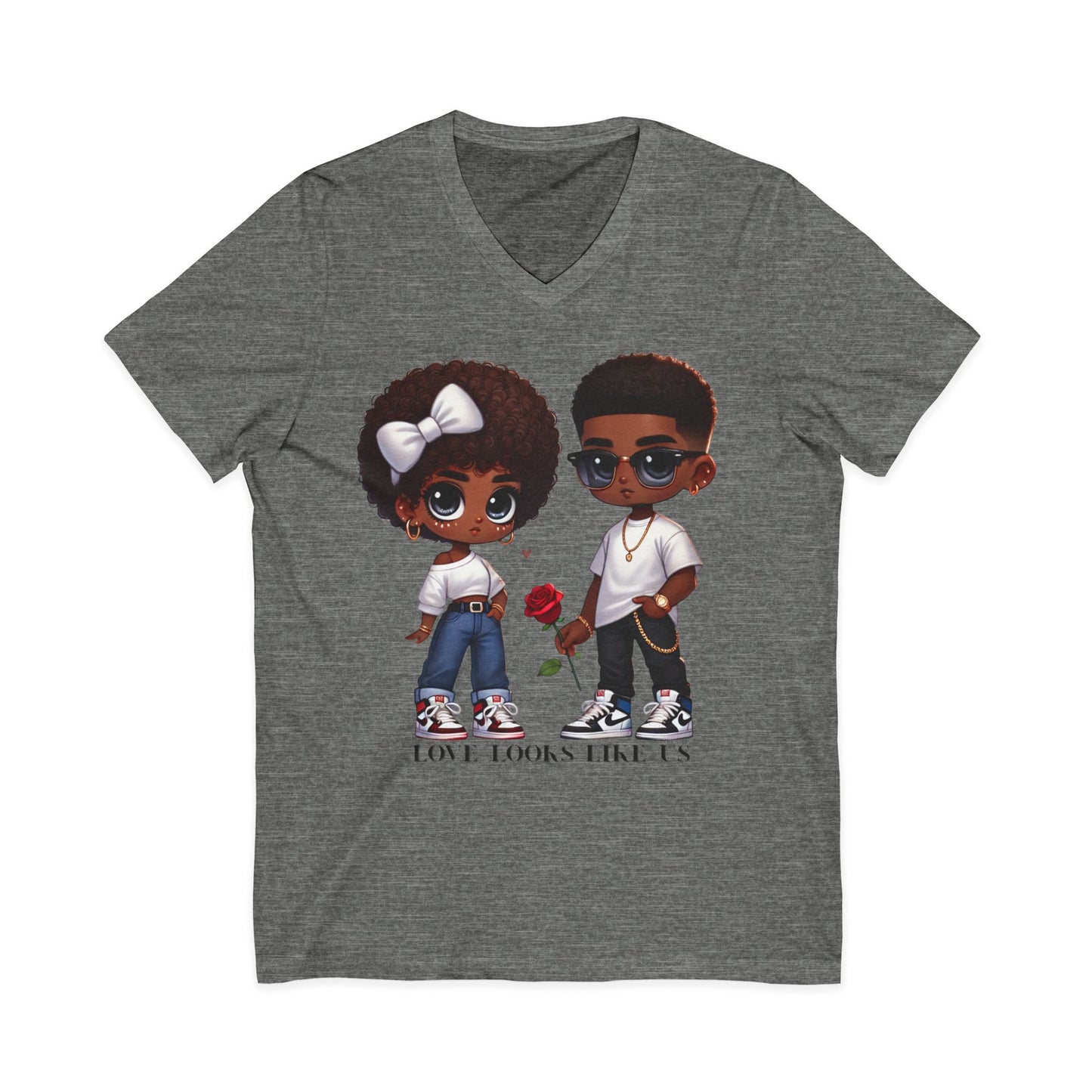 Love Looks Like Us V-Neck Tee — Cute Couple Cartoon Black Love Shirt