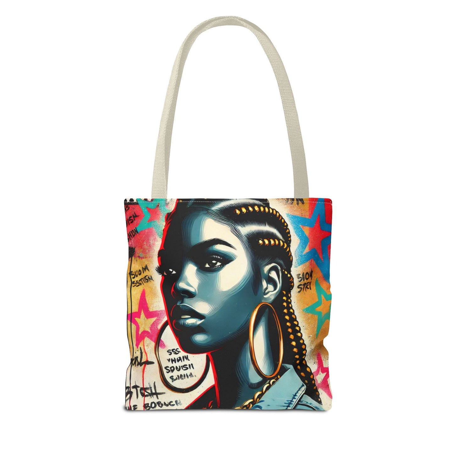Braided Woman Portrait Tote Bag | Urban Graffiti Art, Colorful Star Background