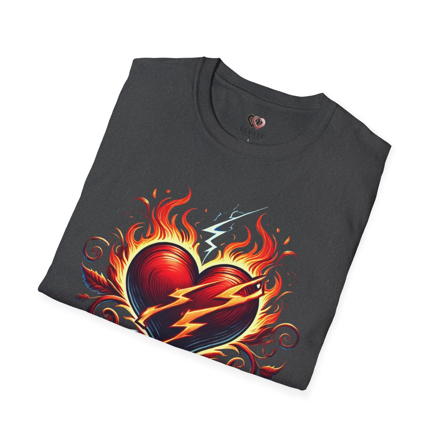 Flaming Heart Unisex Softstyle T-Shirt – Vintage Rock Tee, Gift for Him, Graphic Shirt, Festival Outfit, Casual Wear