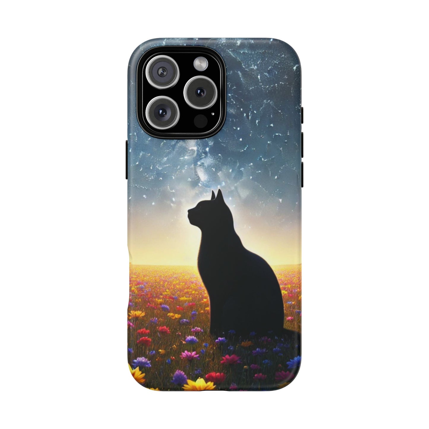 Cat Silhouette Phone Case | Floral Night Sky Design | Unique Gift, Cat Lover, Nature Lover, Birthday, Handmade
