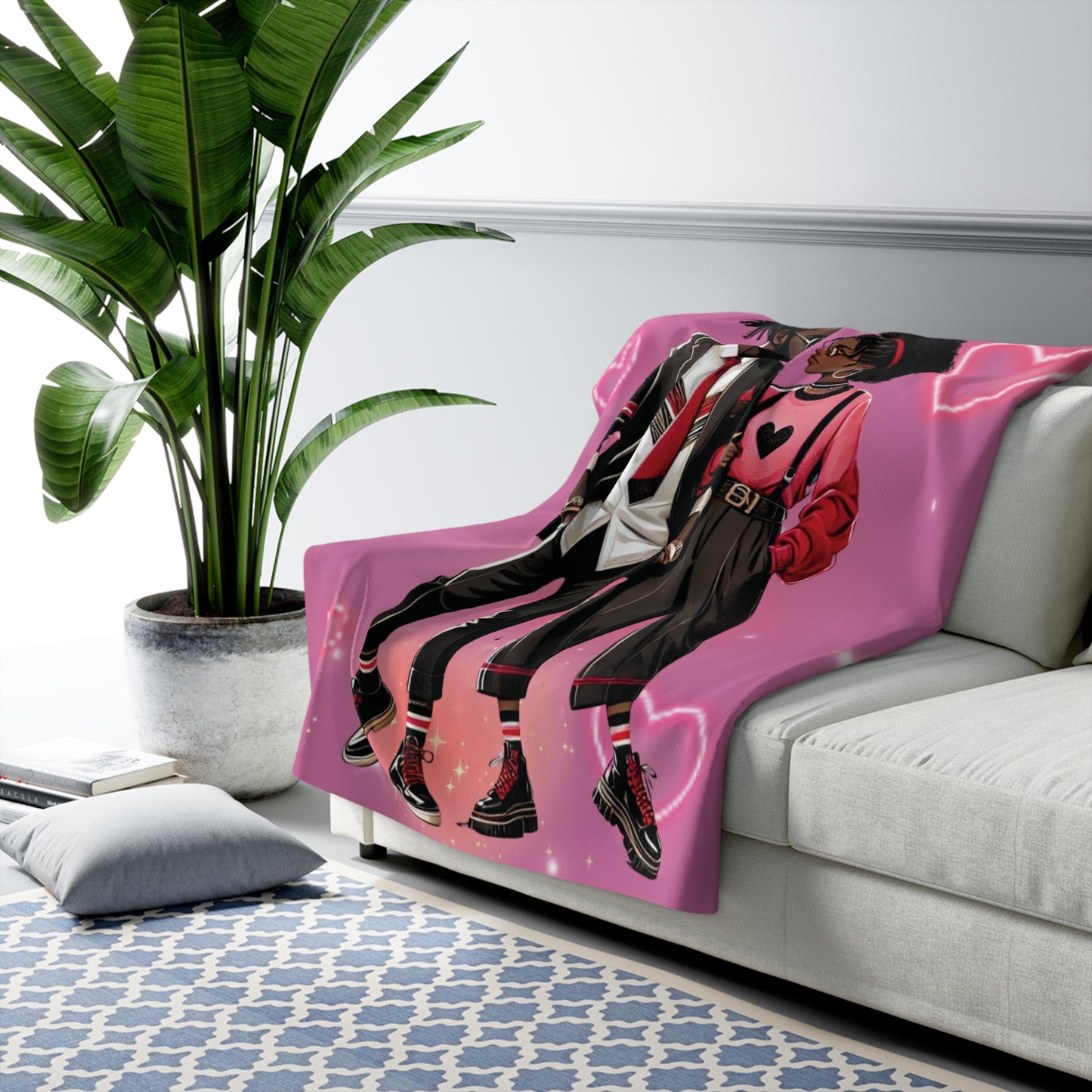 Couple Heart Sherpa Blanket – Afrocentric Romantic Fleece Throw