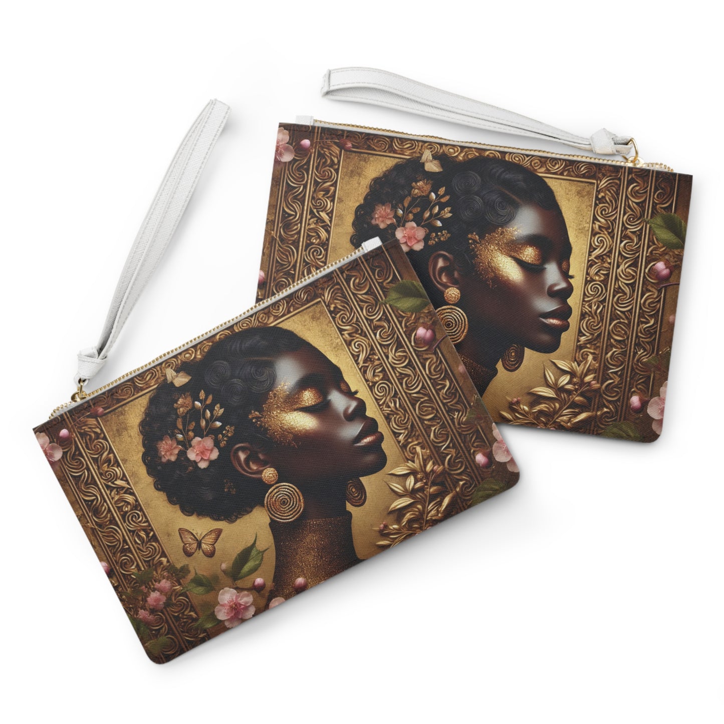 Golden Profile Afro Woman Clutch Bag | Floral Baroque Portrait