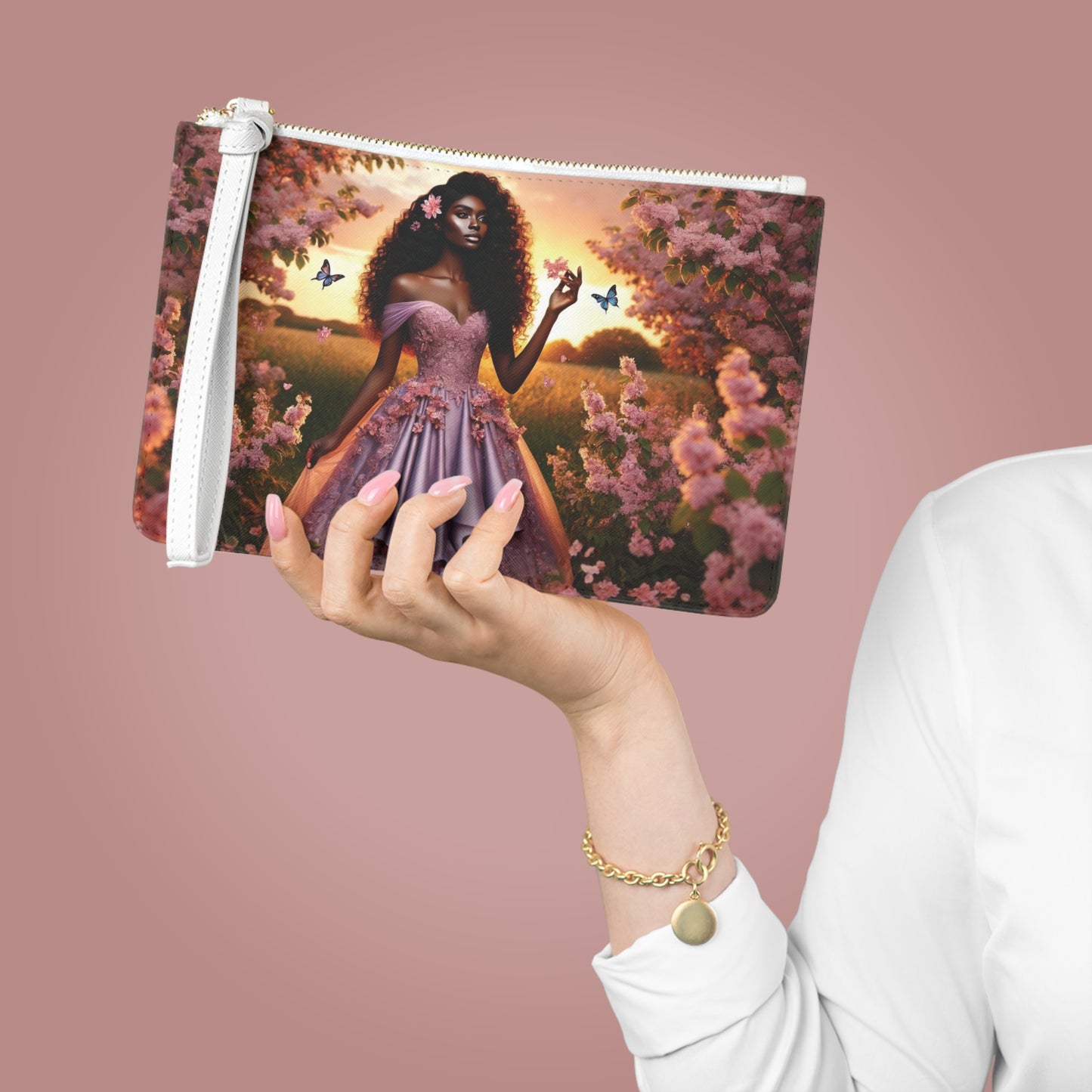 Black Princess in Pink Gown Clutch Bag | Floral Sunset, Butterfly Art