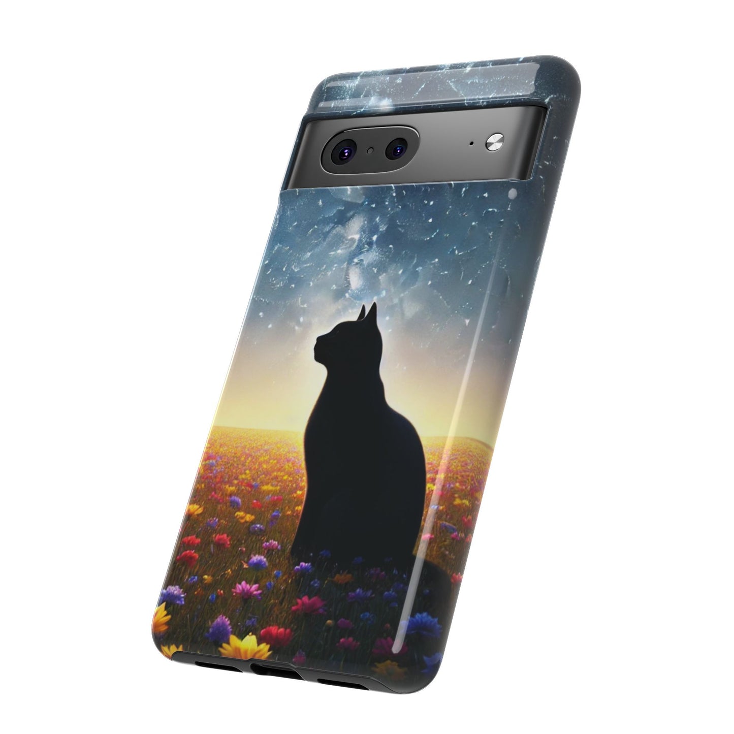 Cat Silhouette Phone Case | Floral Night Sky Design | Unique Gift, Cat Lover, Nature Lover, Birthday, Handmade
