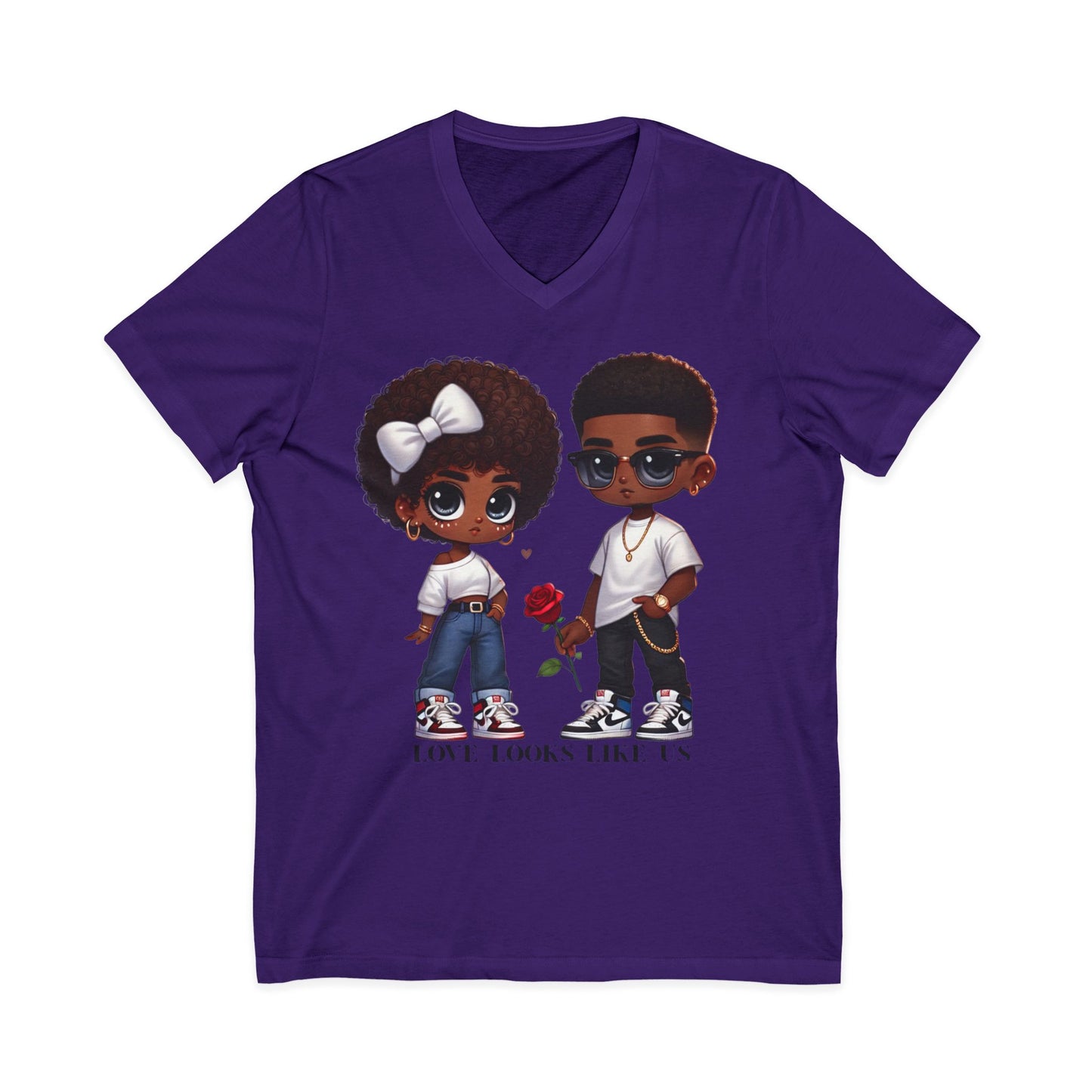 Love Looks Like Us V-Neck Tee — Cute Couple Cartoon Black Love Shirt