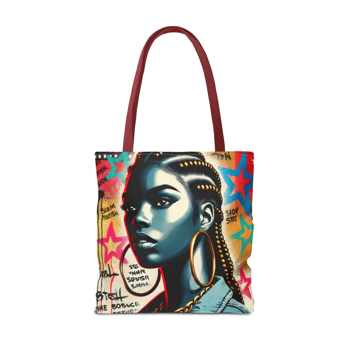 Braided Woman Portrait Tote Bag | Urban Graffiti Art, Colorful Star Background