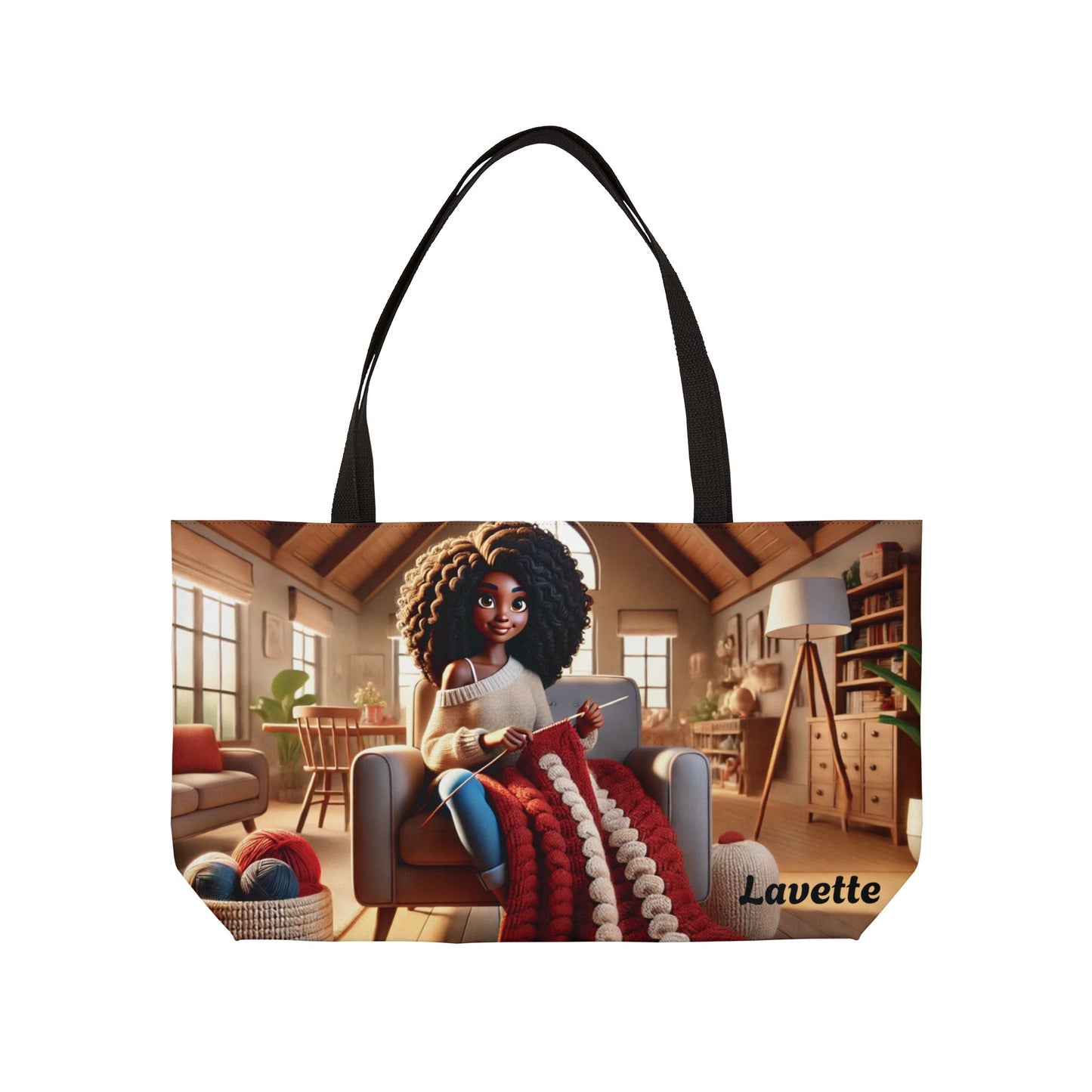 Customizable Weekender Tote. Cozy Knitting Girl Travel Bag