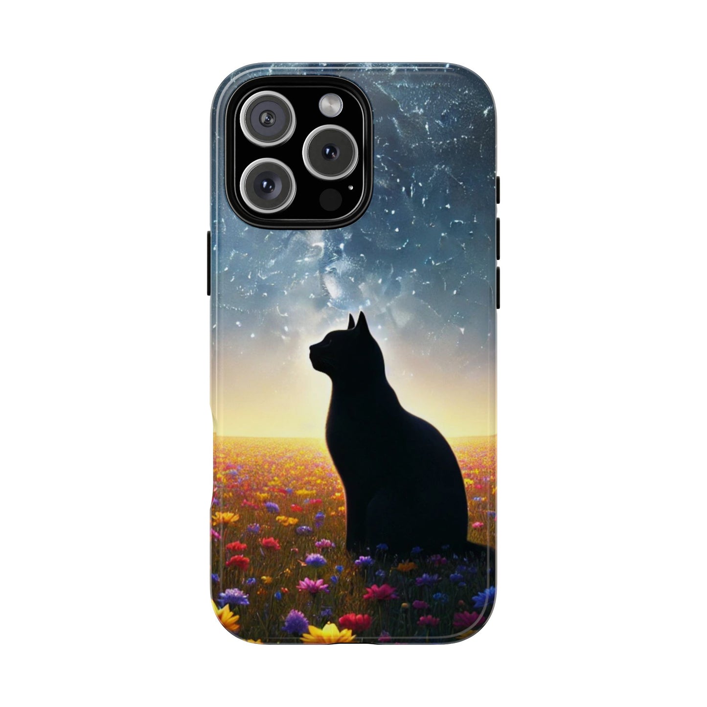 Cat Silhouette Phone Case | Floral Night Sky Design | Unique Gift, Cat Lover, Nature Lover, Birthday, Handmade