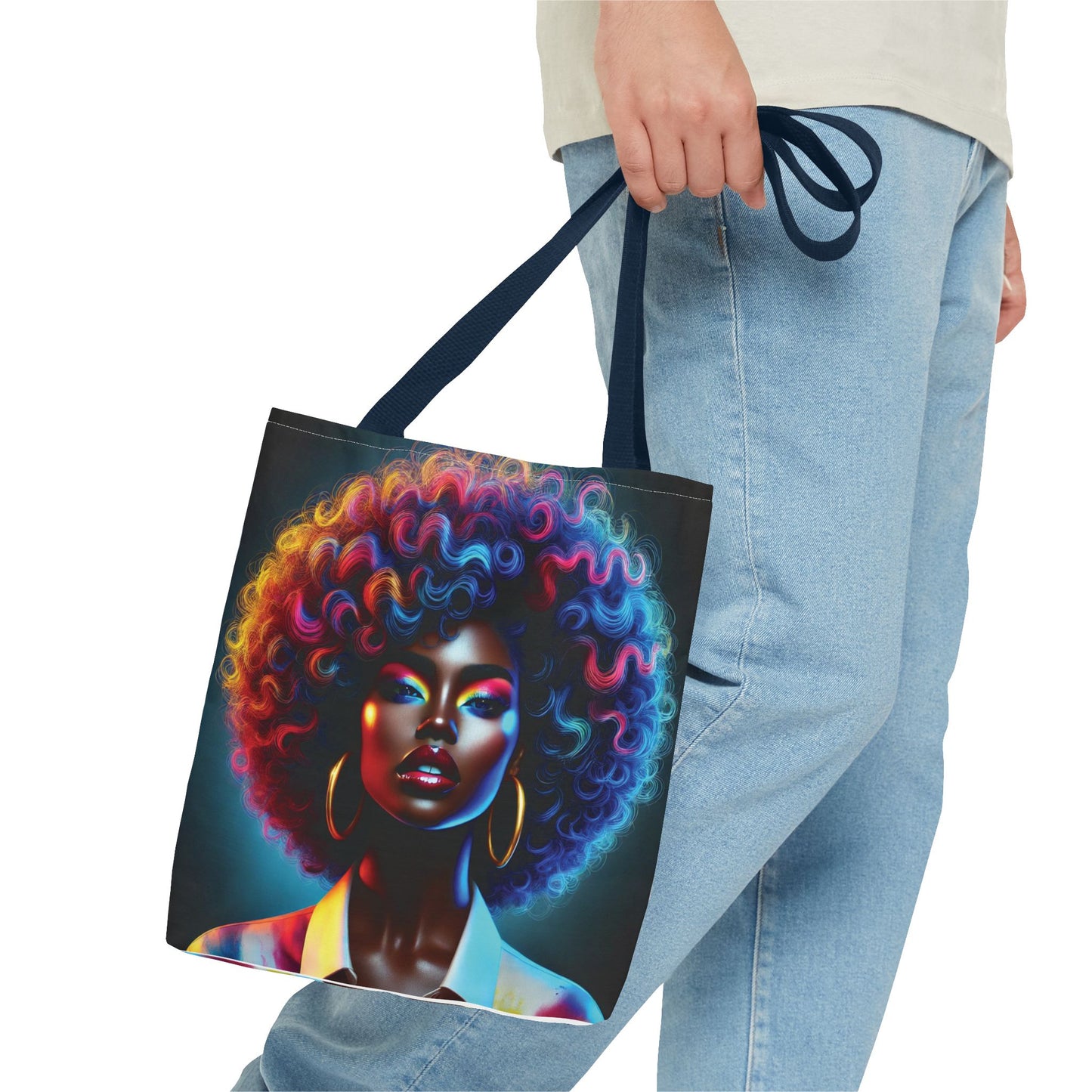 Neon Afro Portrait Tote Bag. Colorful Woman Illustration