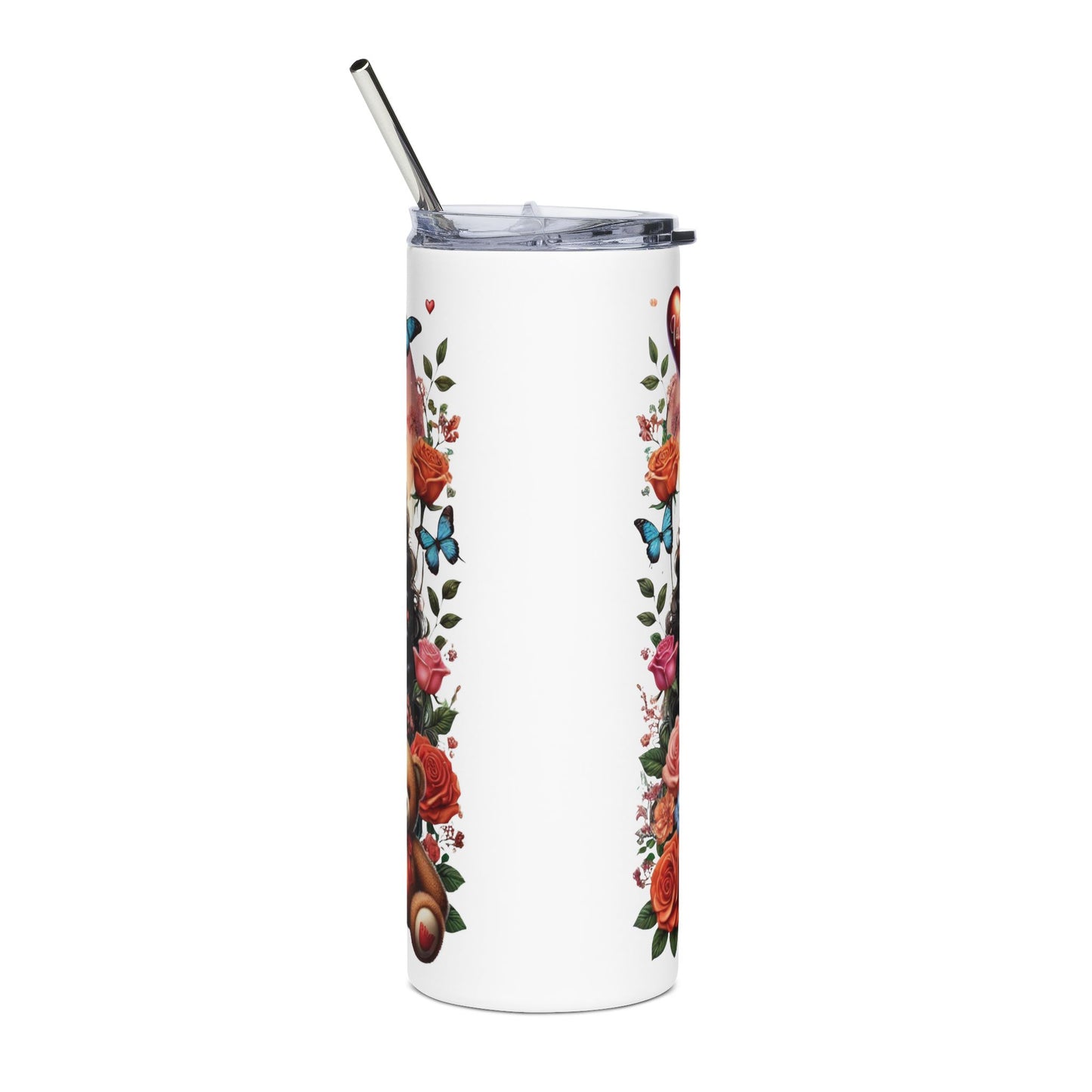 20oz Stainless Tumbler – Black Queen Art with Roses & 'I Love You' Heart