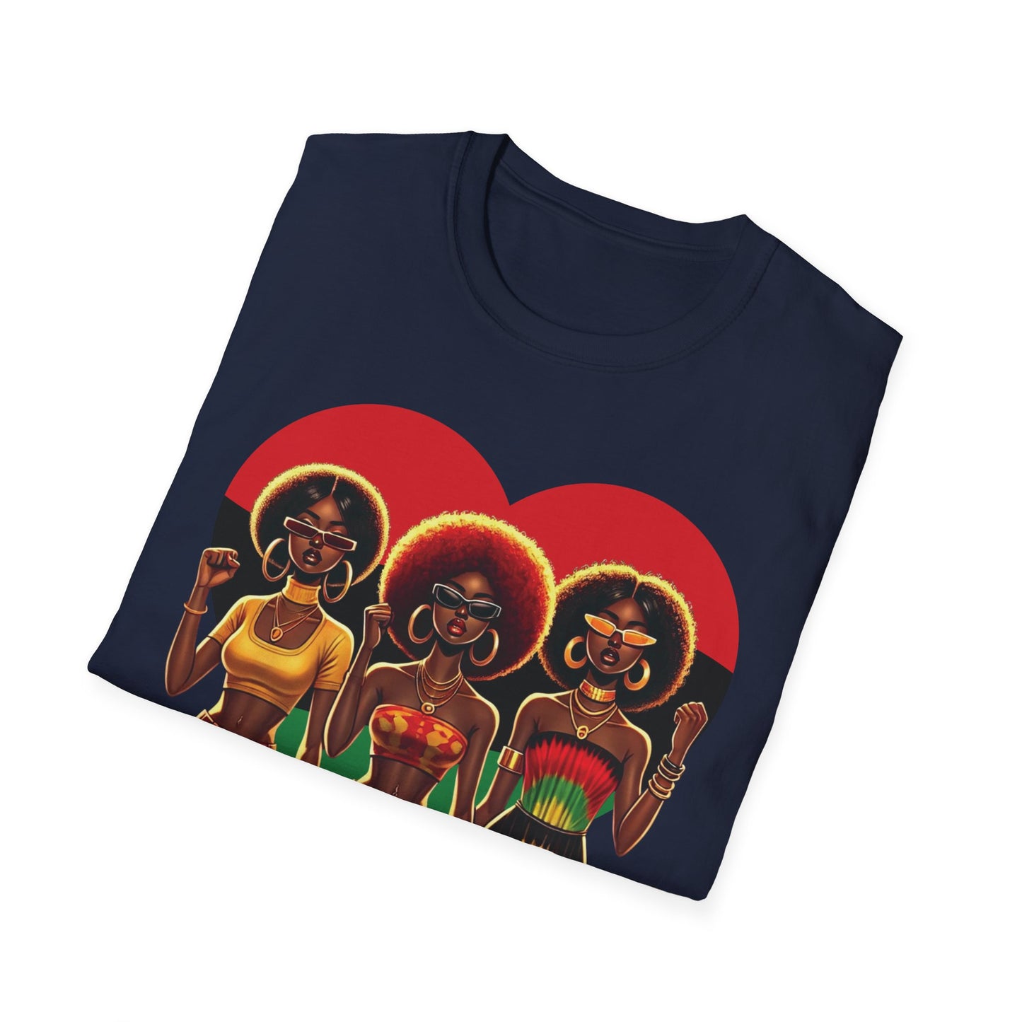Black Queen Sisters Graphic T-Shirt – Afrocentric Pride, Red-Gold-Green Heart Design