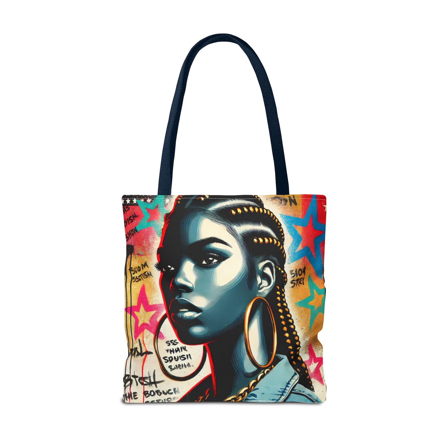 Braided Woman Portrait Tote Bag | Urban Graffiti Art, Colorful Star Background