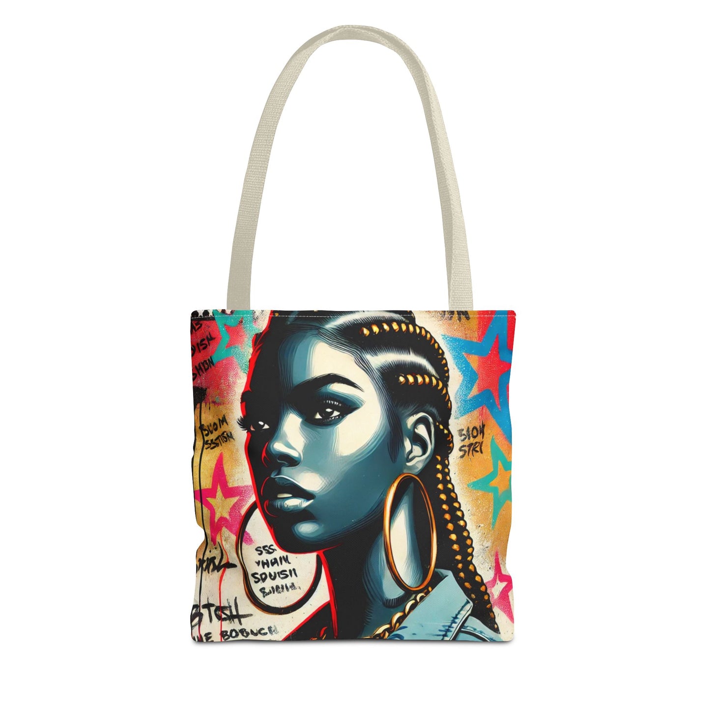 Braided Woman Portrait Tote Bag | Urban Graffiti Art, Colorful Star Background