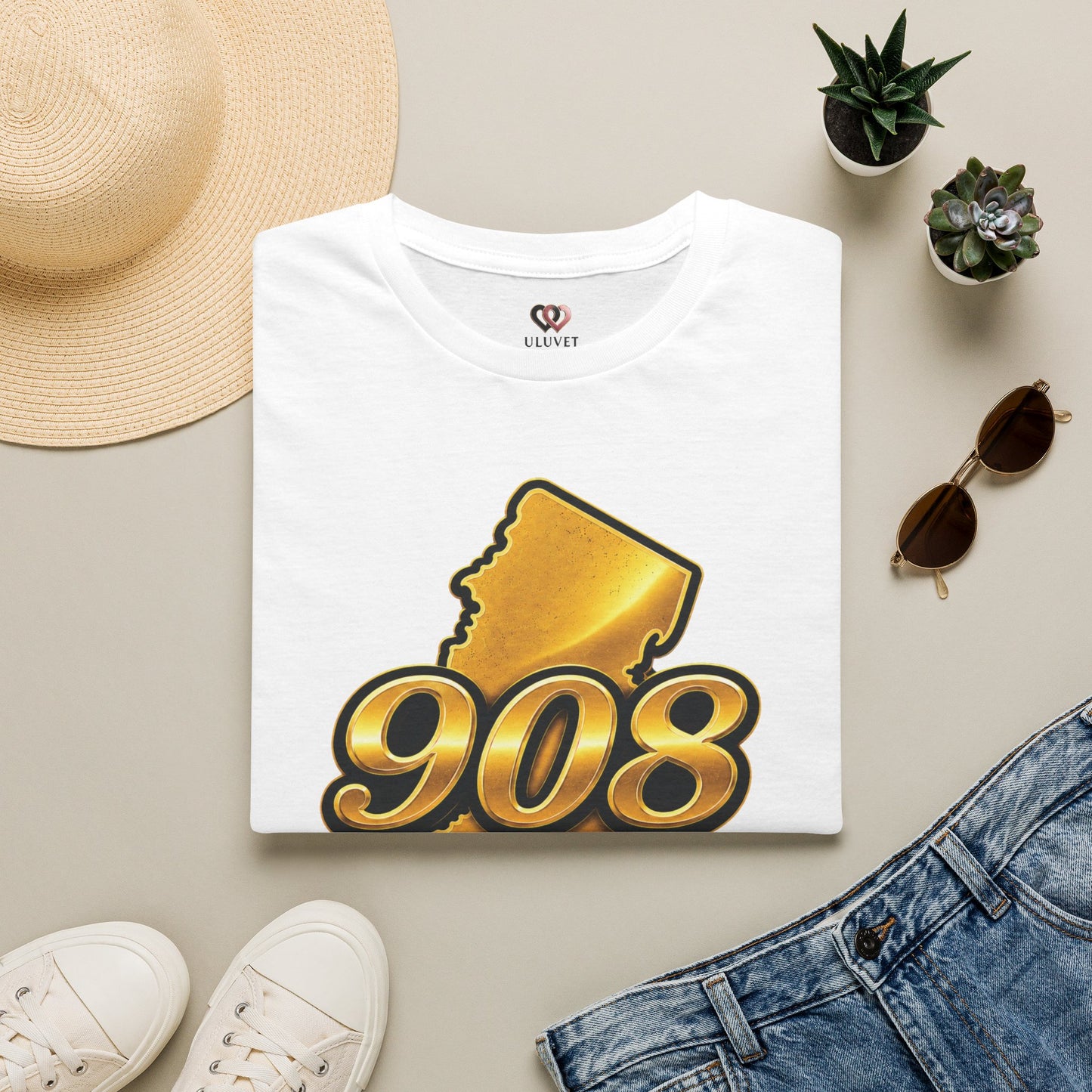 908 New Jersey T-Shirt — Gold State Outline Graphic Tee