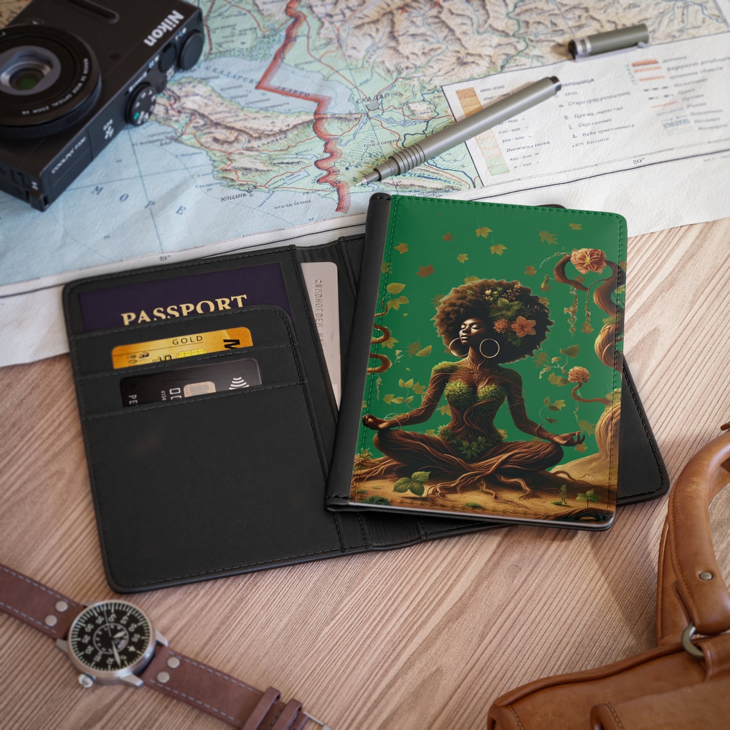 Afro Goddess Tree Pose Passport Cover | Meditative Nature Illustration