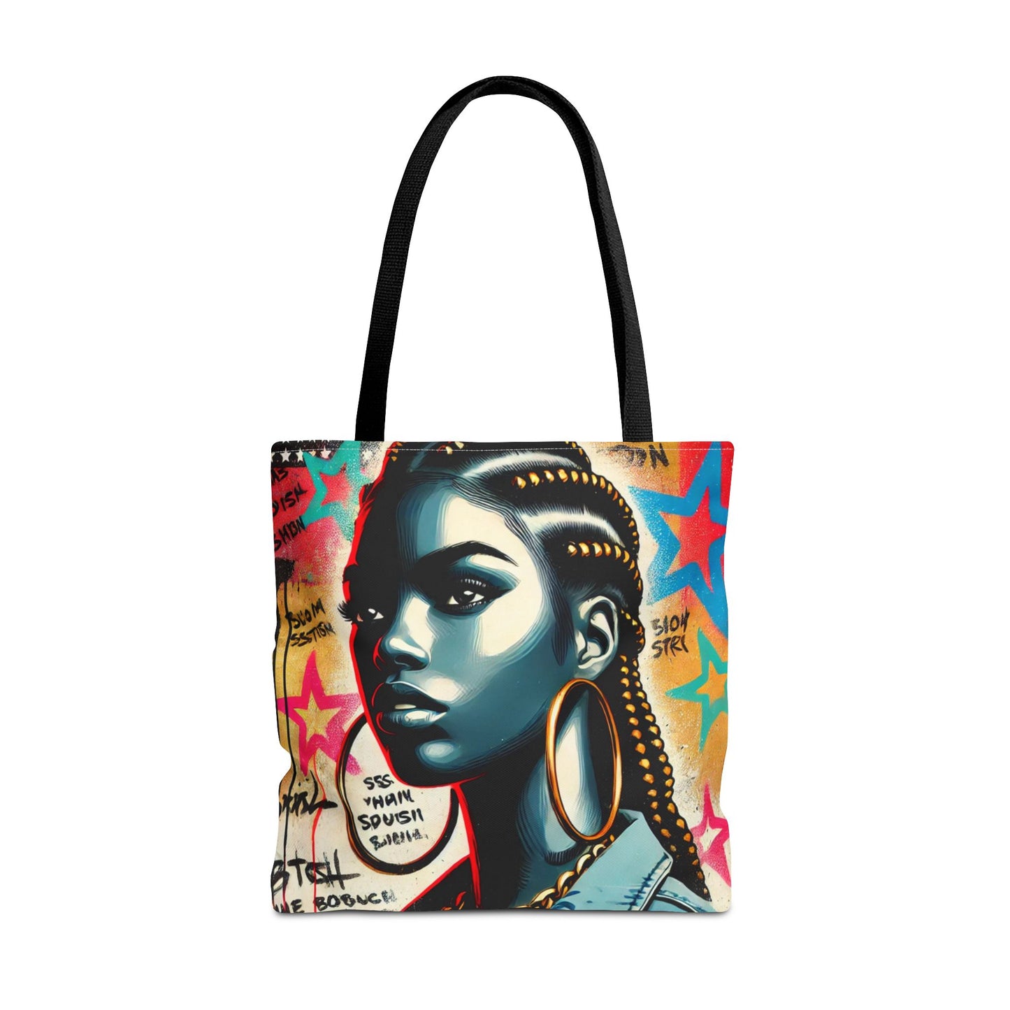 Braided Woman Portrait Tote Bag | Urban Graffiti Art, Colorful Star Background