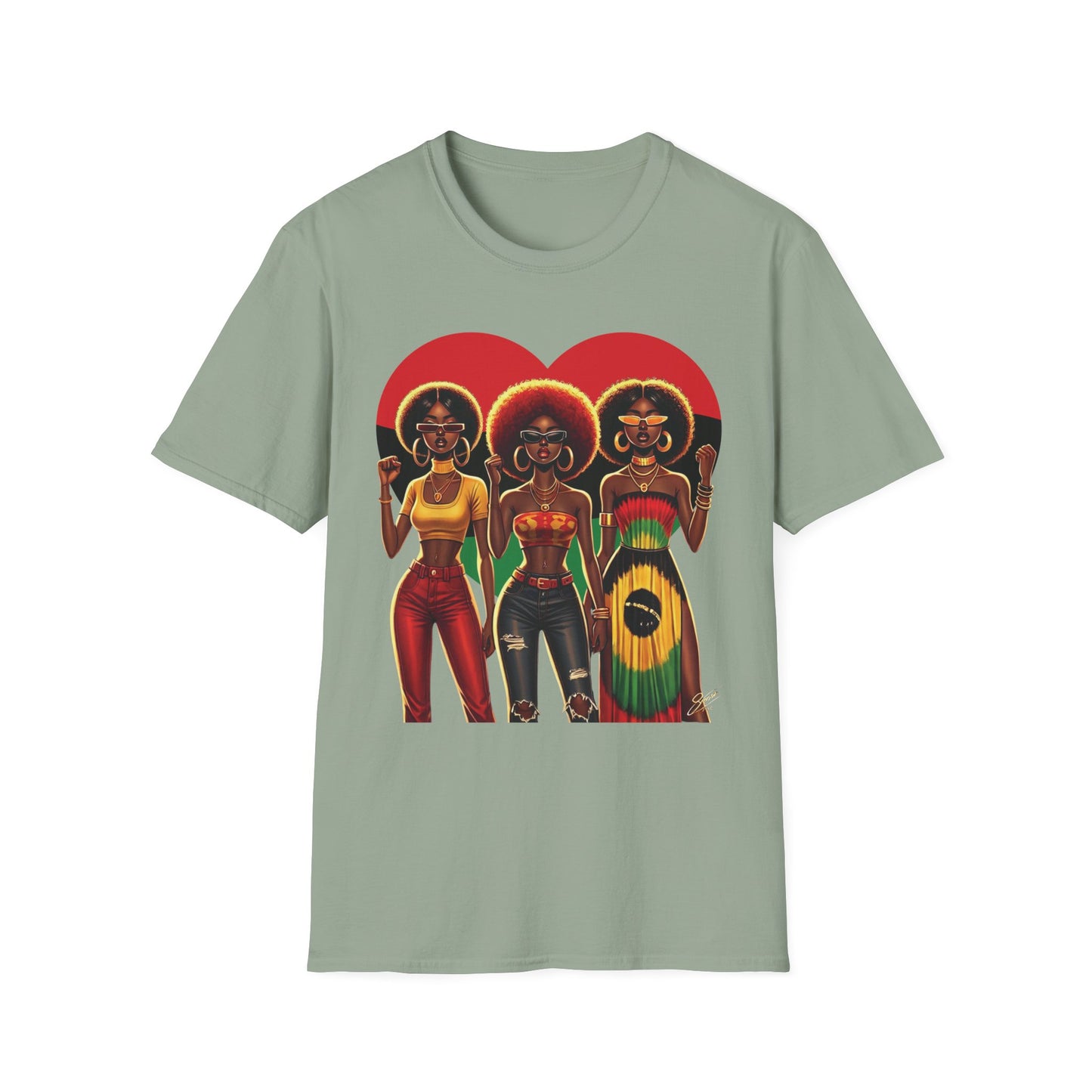 Black Queen Sisters Graphic T-Shirt – Afrocentric Pride, Red-Gold-Green Heart Design
