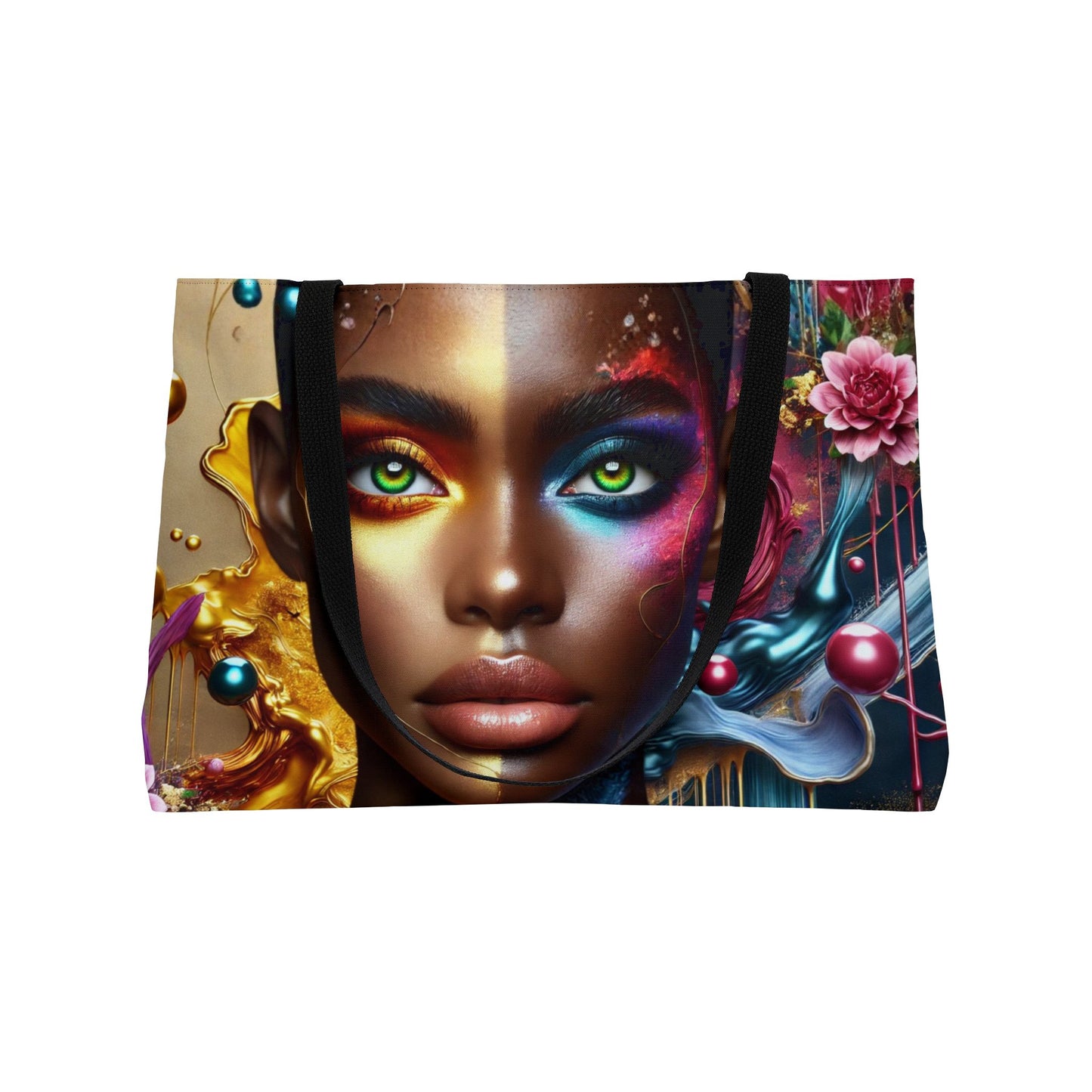 Customizable Colorful Afro-Fantasy Face Weekender Tote. Personalized Name Option