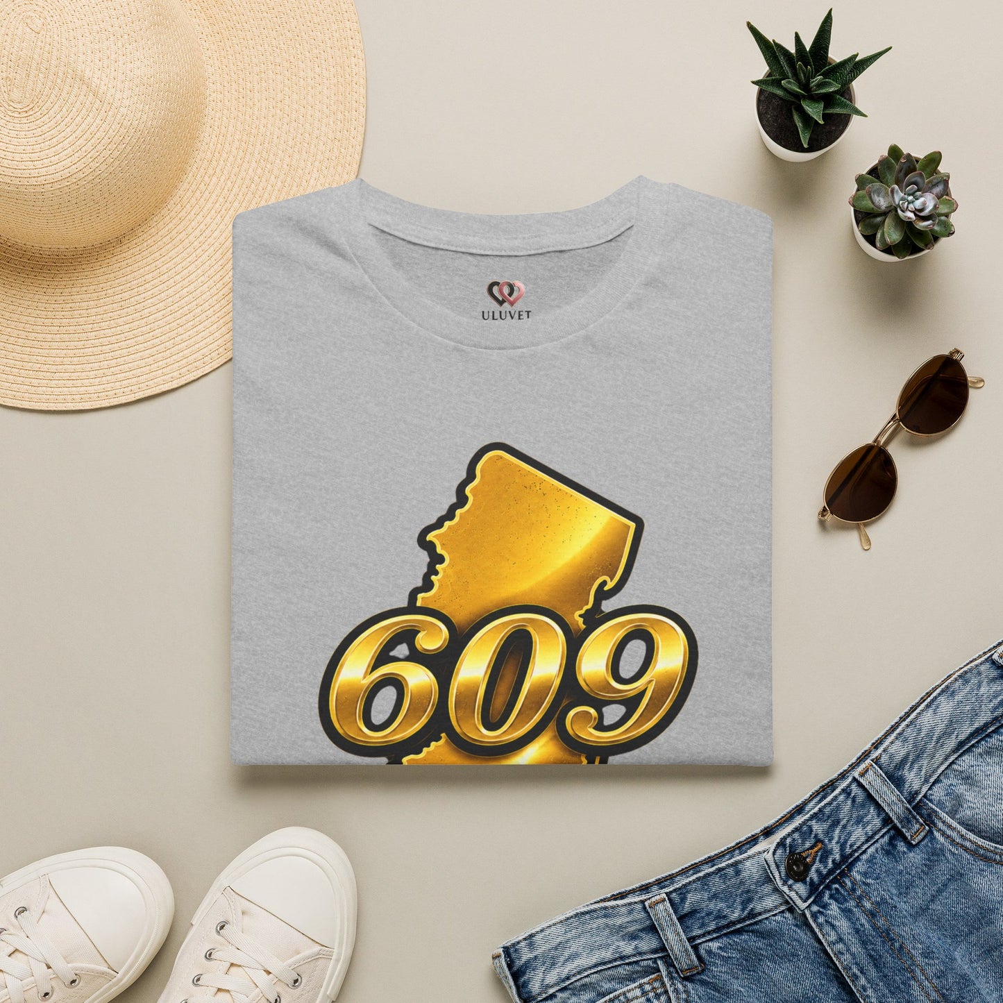 609 New Jersey T-Shirt — Gold State Outline Jersey Area Code Tee