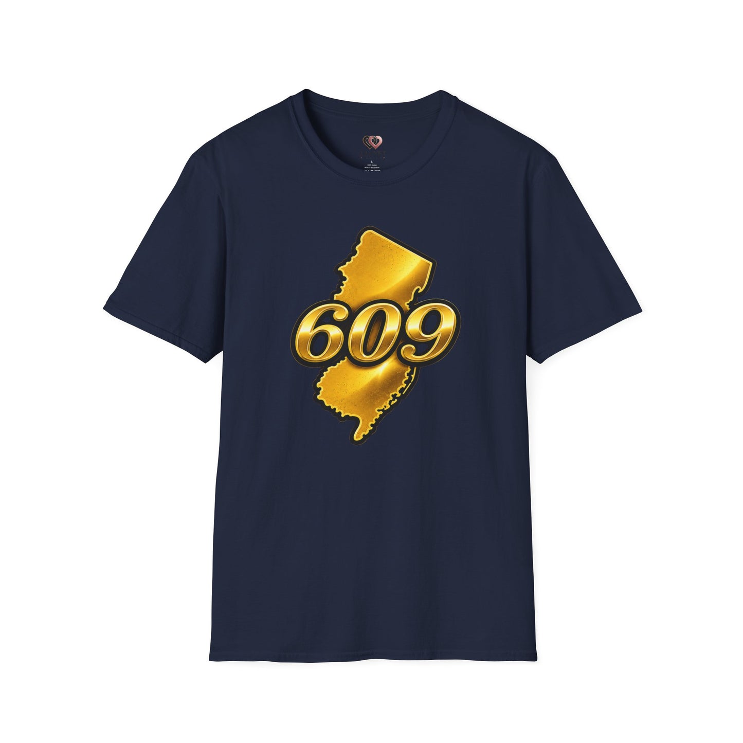 609 New Jersey T-Shirt — Gold State Outline Jersey Area Code Tee