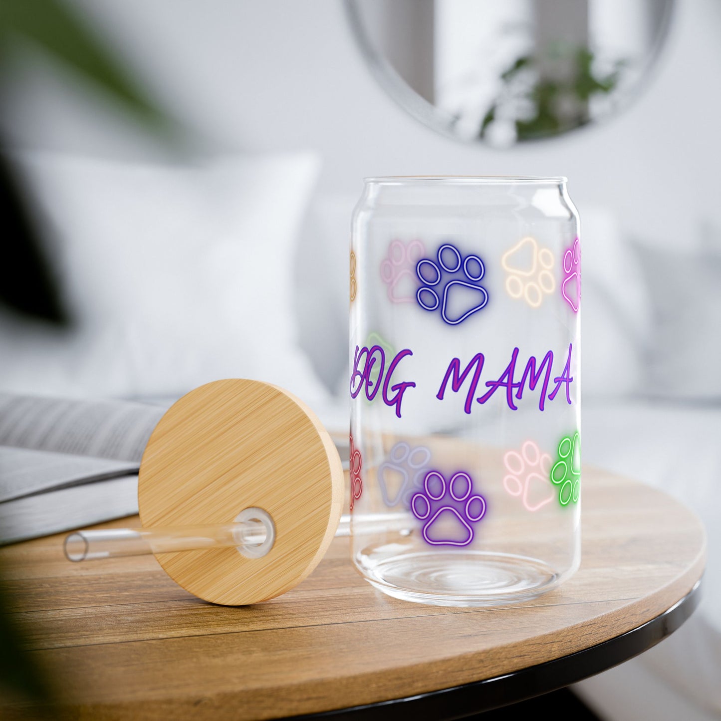 Dog Mama Sipper Glass, 16oz | Personalized Pet Lover Cup, Fun Colorful Paw Print Drinkware, Unique Gift for Dog Owners, Perfect for Dog Moms