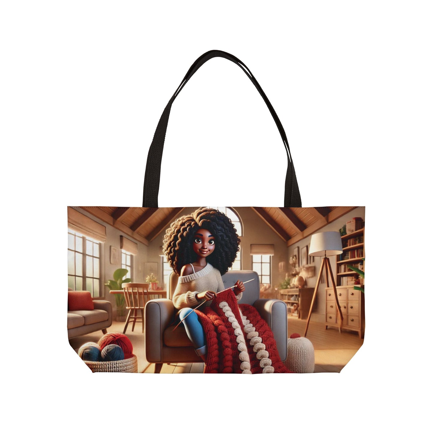 Customizable Weekender Tote. Cozy Knitting Girl Travel Bag