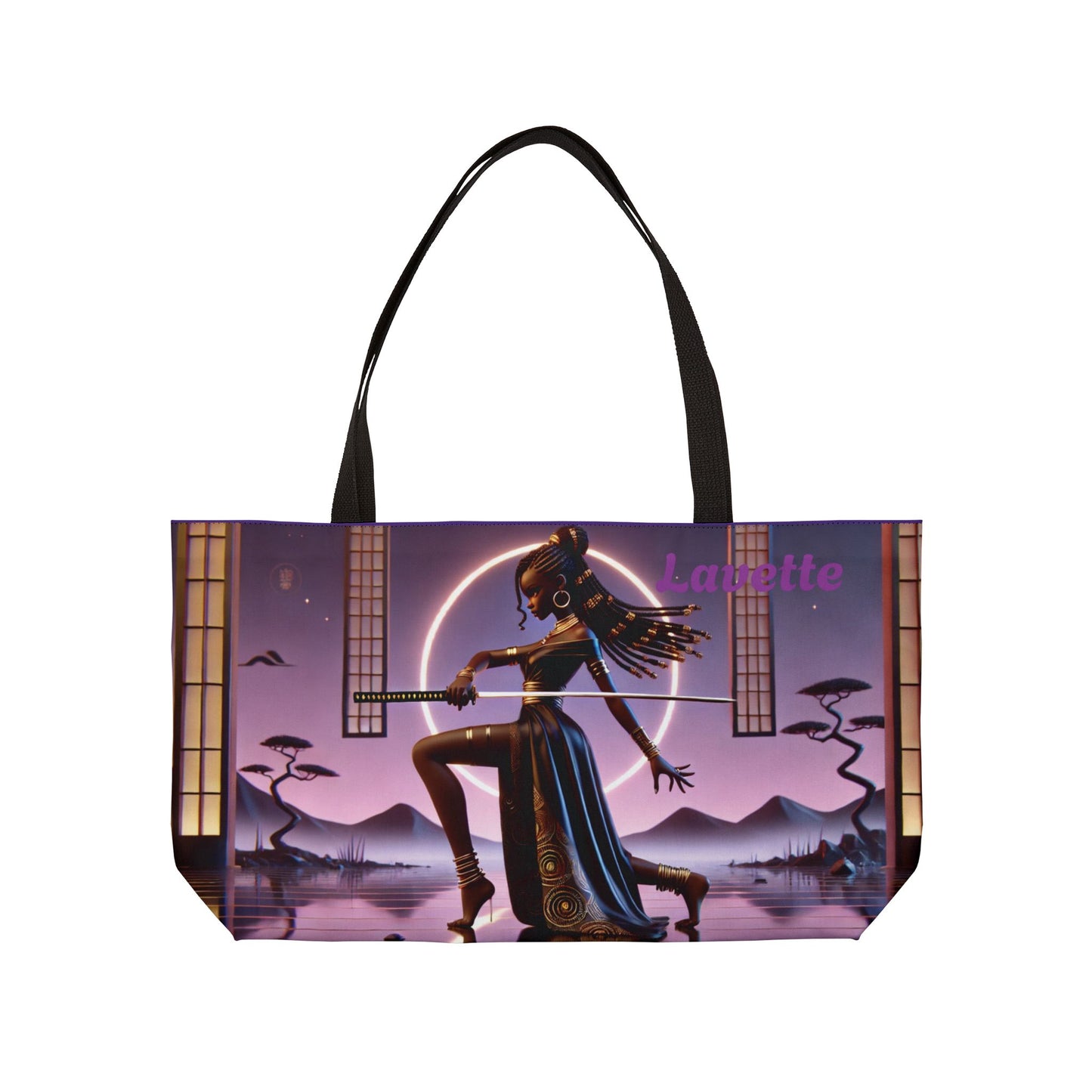 Customizable Samurai Girl Illustration Weekender Tote Bag | Neon Japanese Landscape