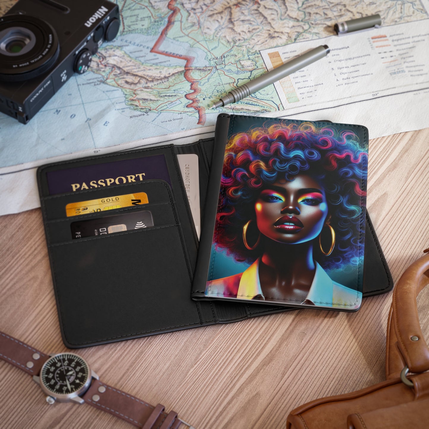 Afro Rainbow Portrait Passport Cover | Colorful Black Woman Art