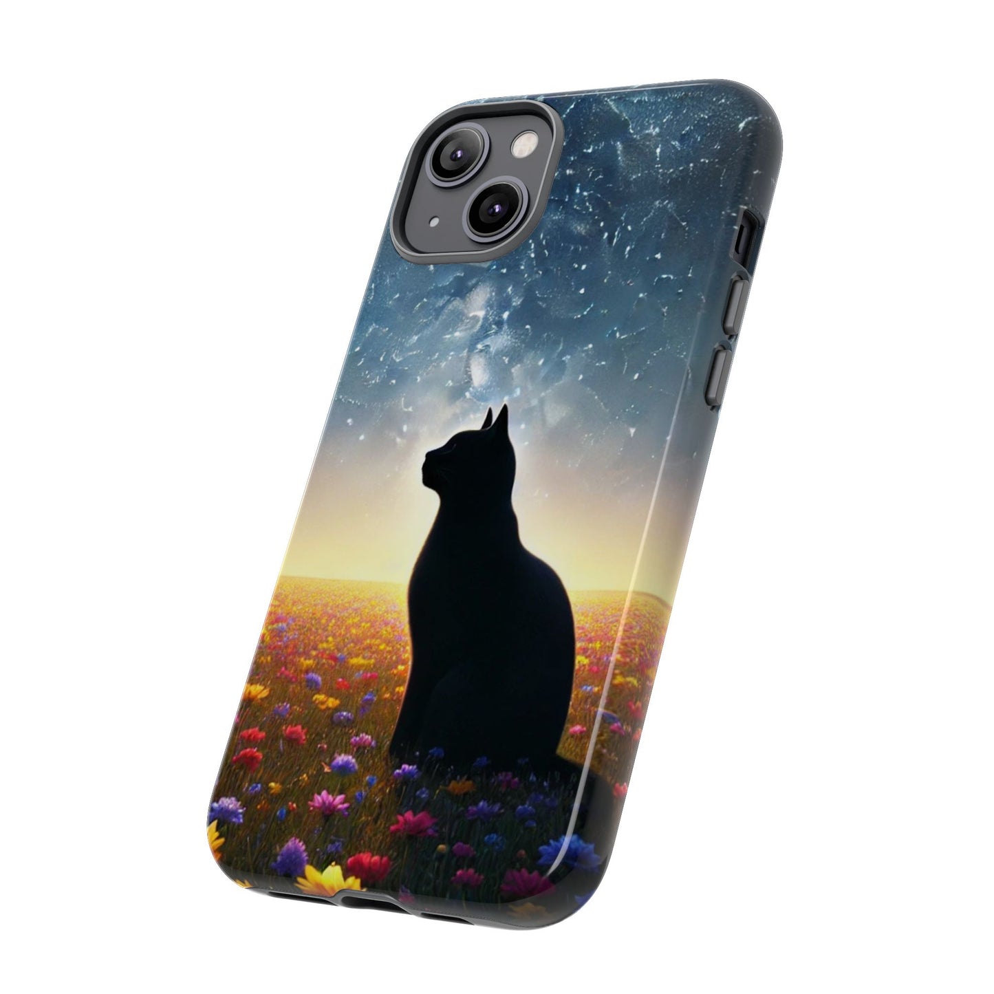 Cat Silhouette Phone Case | Floral Night Sky Design | Unique Gift, Cat Lover, Nature Lover, Birthday, Handmade