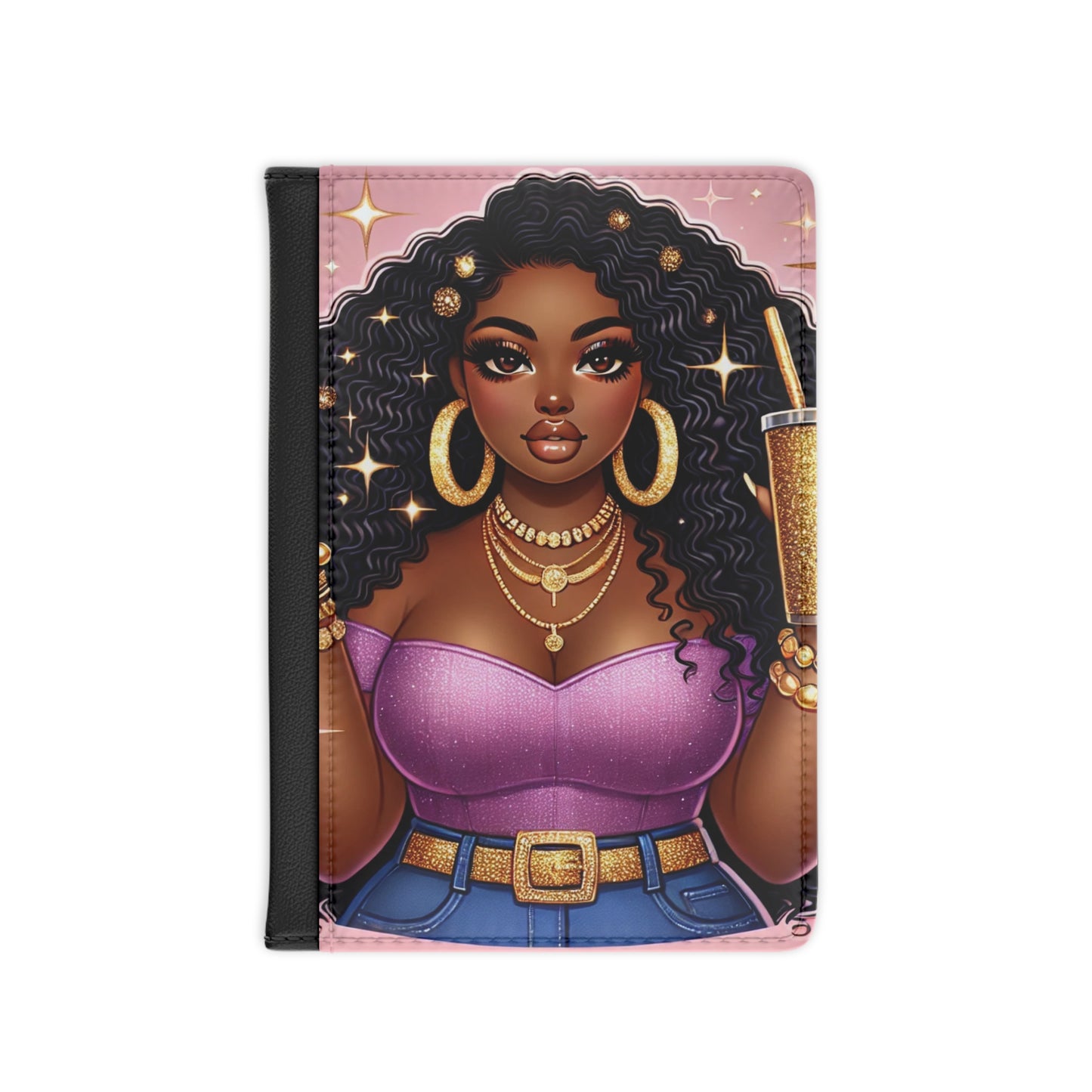 Curly Hair Glam Woman Passport Cover | Black Girl Magic, Gold Accessories