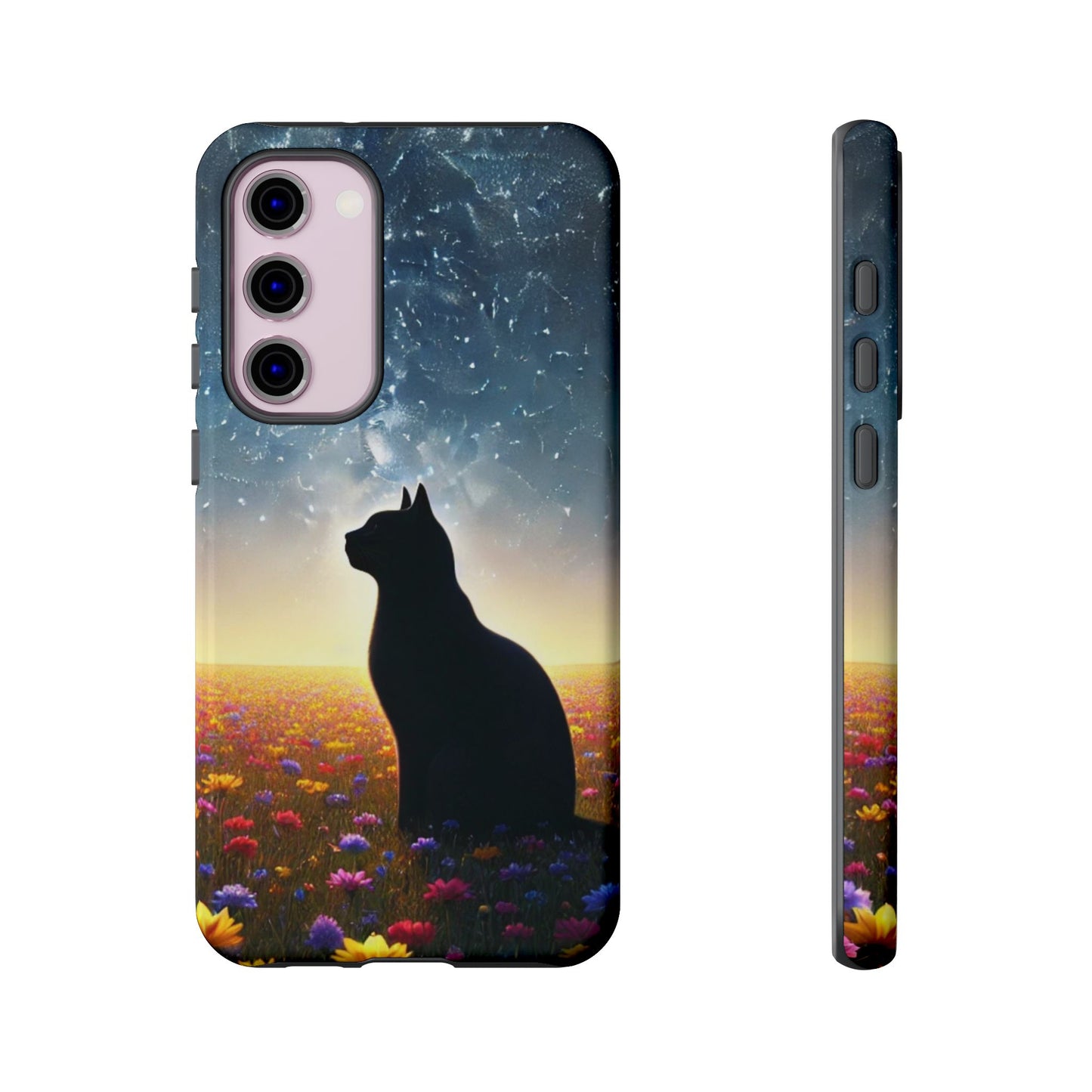 Cat Silhouette Phone Case | Floral Night Sky Design | Unique Gift, Cat Lover, Nature Lover, Birthday, Handmade