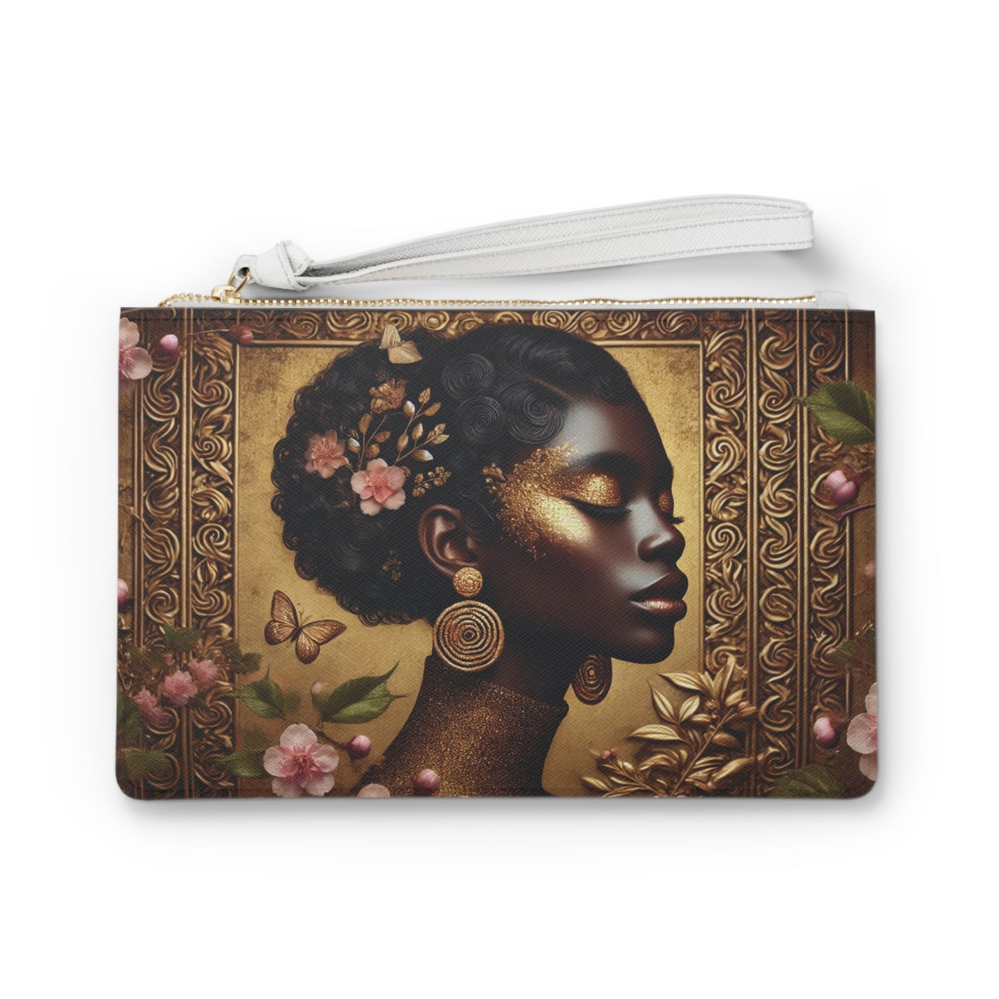 Golden Profile Afro Woman Clutch Bag | Floral Baroque Portrait