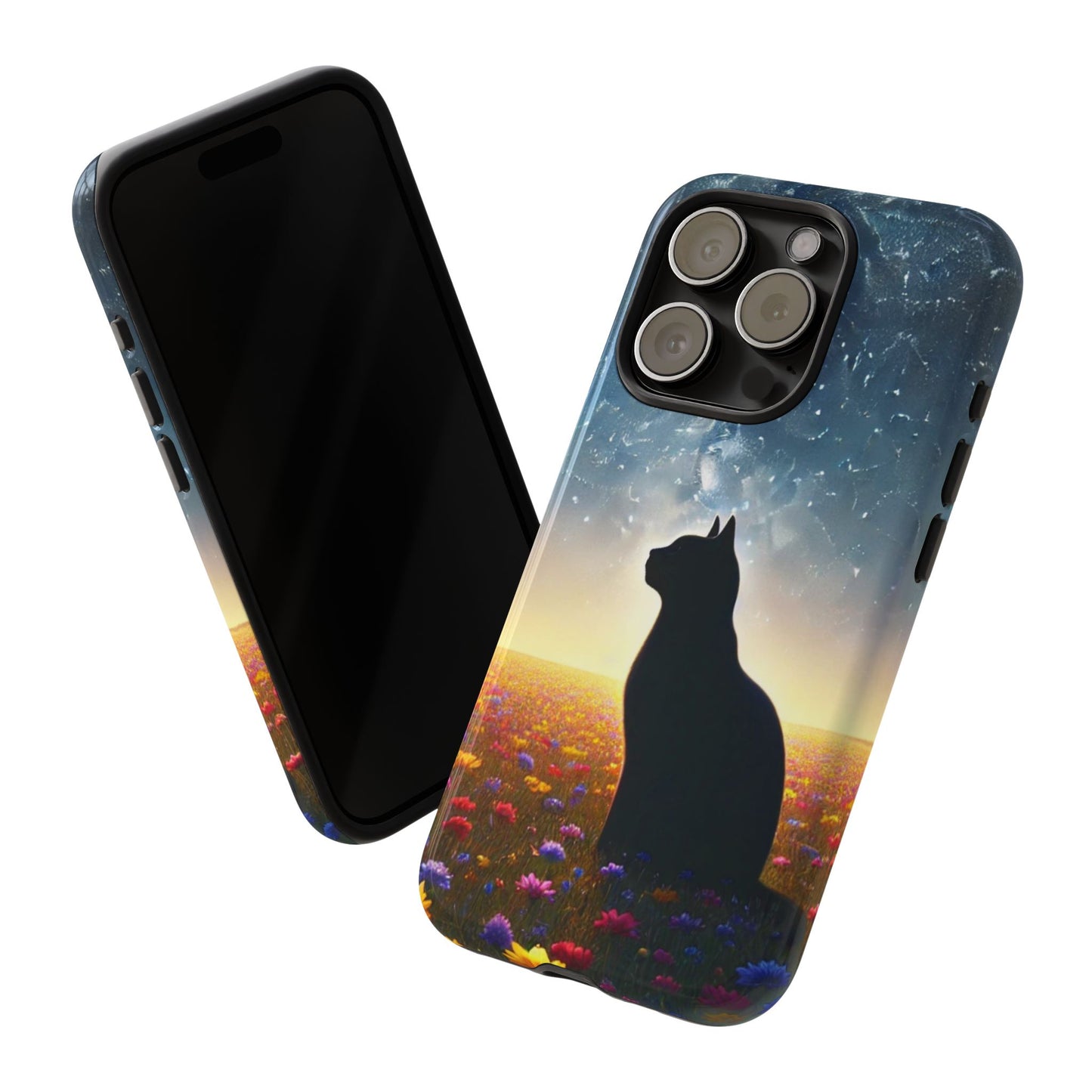 Cat Silhouette Phone Case | Floral Night Sky Design | Unique Gift, Cat Lover, Nature Lover, Birthday, Handmade