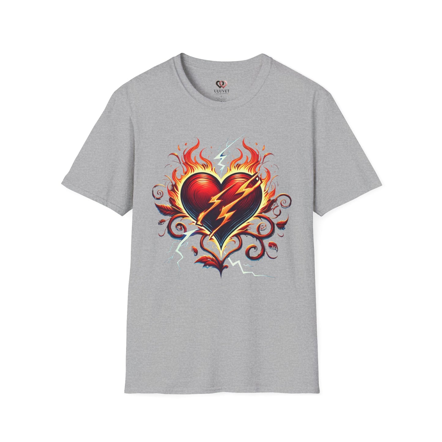 Flaming Heart Unisex Softstyle T-Shirt – Vintage Rock Tee, Gift for Him, Graphic Shirt, Festival Outfit, Casual Wear