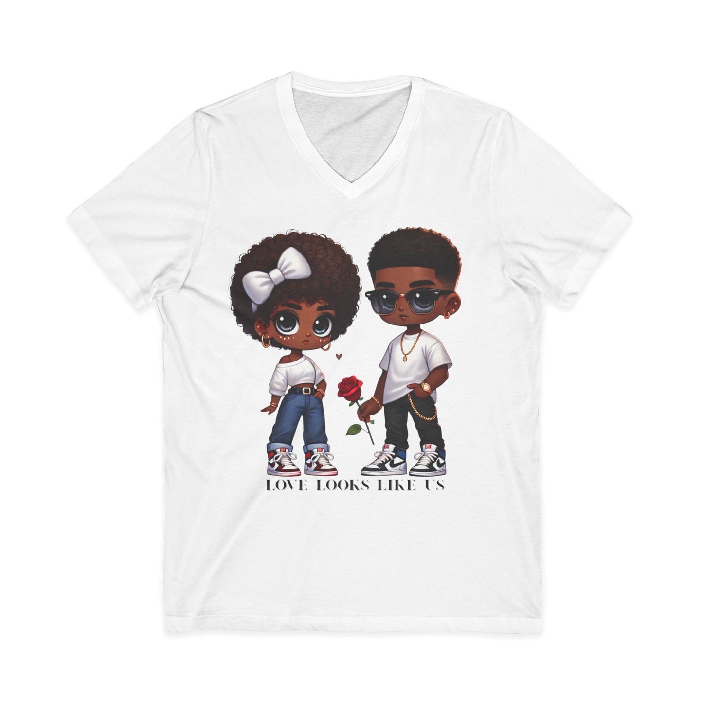 Love Looks Like Us V-Neck Tee — Cute Couple Cartoon Black Love Shirt