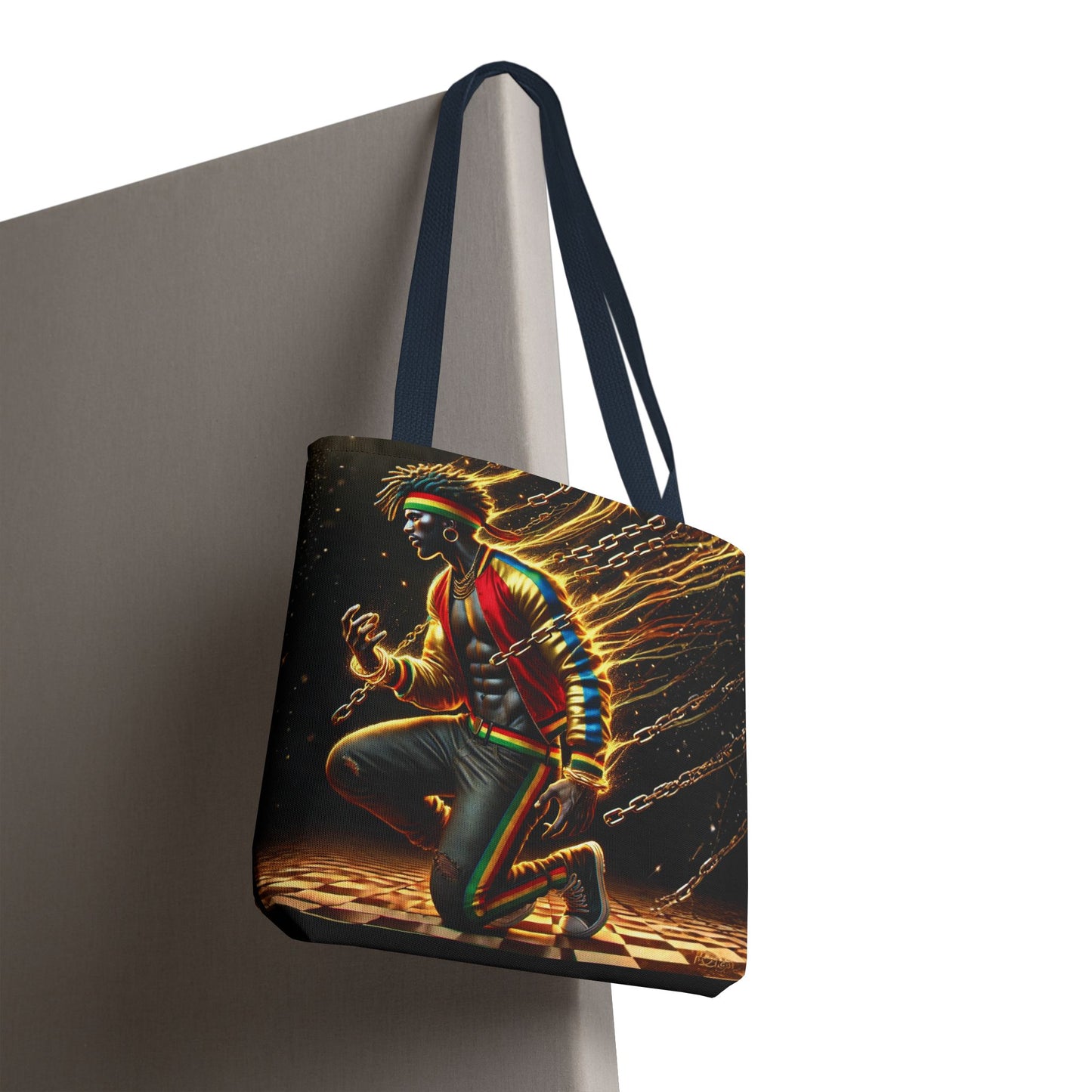 Kneeling Figure with Chains Tote Bag | Neon Retro Street Art