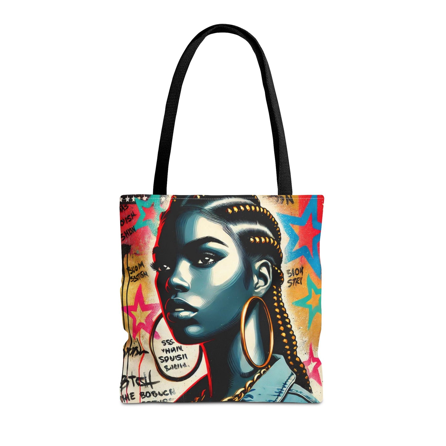 Braided Woman Portrait Tote Bag | Urban Graffiti Art, Colorful Star Background