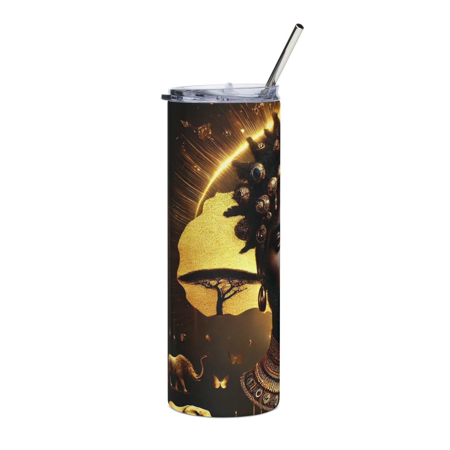 African Queen Stainless Steel Tumbler — 20oz Insulated Travel Cup with Regal Golden Portrait