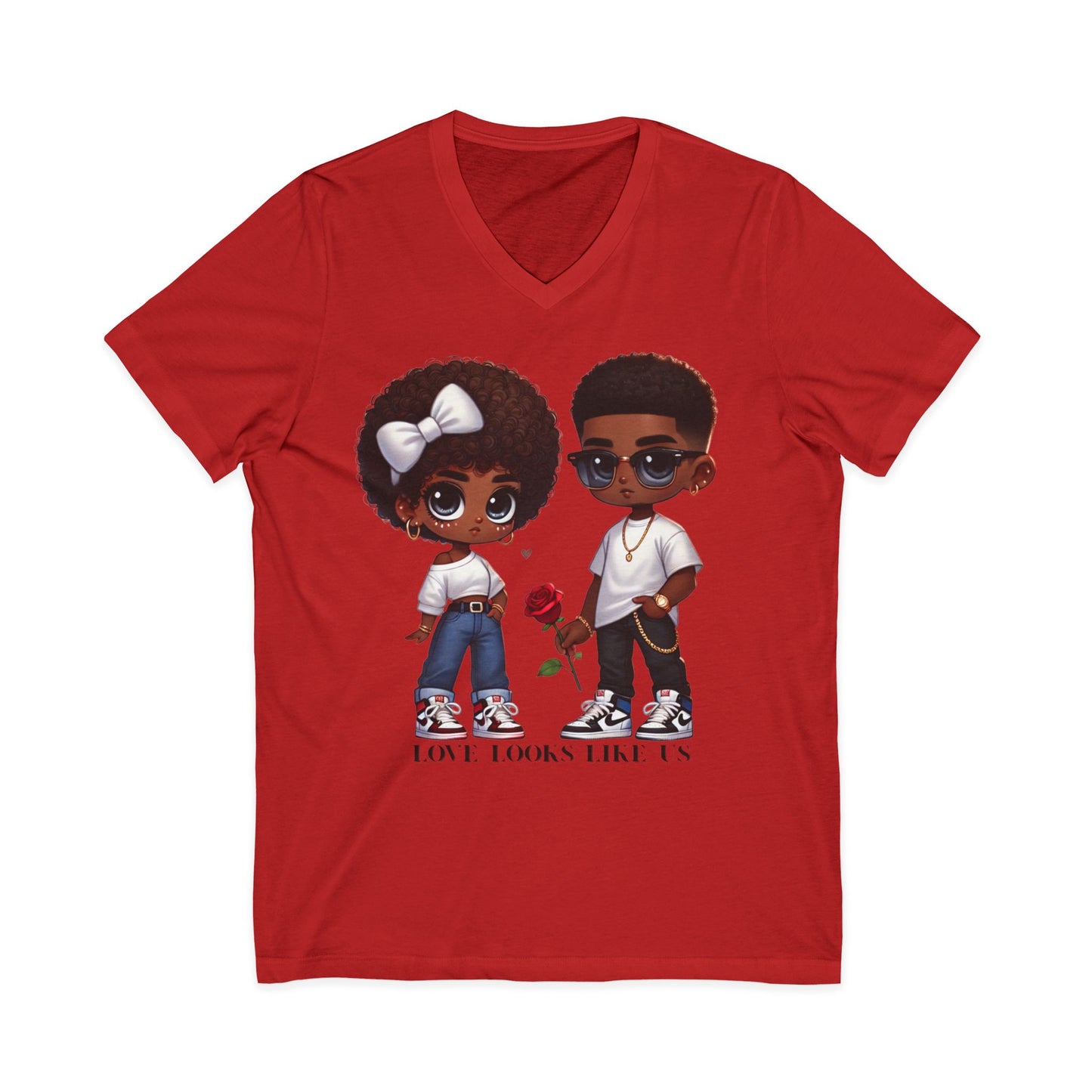 Love Looks Like Us V-Neck Tee — Cute Couple Cartoon Black Love Shirt